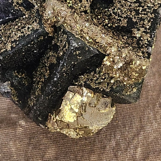 Close up of pyrite on fluorite uv reactive