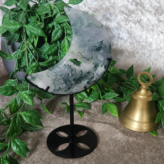 Polished Moss Agate crescent moon with moss inclusions and druzy pocket