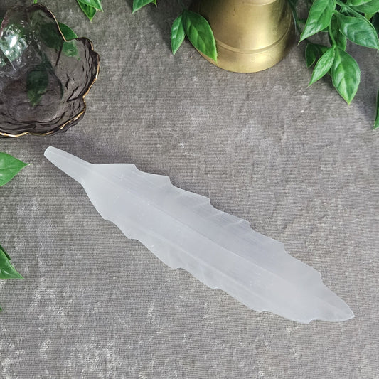Hand carved satin spar selenite leaf for energy cleansing and altar use