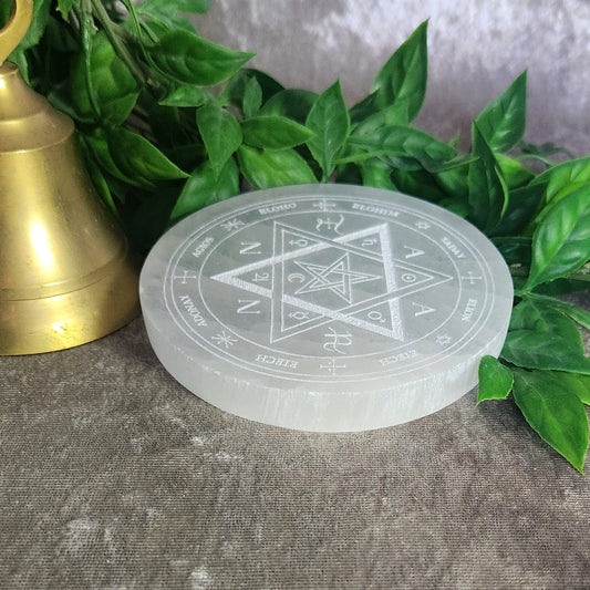 Satin Spar selenite pentacle plate for crystal cleansing and altar work