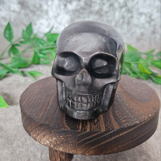 Silver Sheen Obsidian crystal skull — front view showing reflective silver flash and hand-carved details.