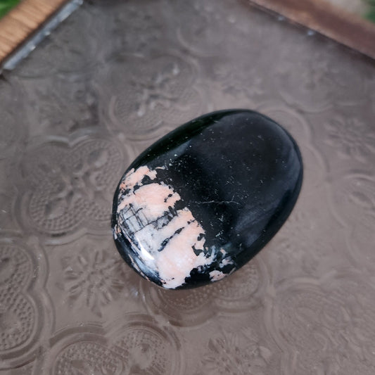 Black Tourmaline with Rhodonite palmstone for protection, emotional strength and grounding