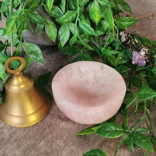 Large rose quartz bowl with soft pink tones, crystal decor for love and harmony

