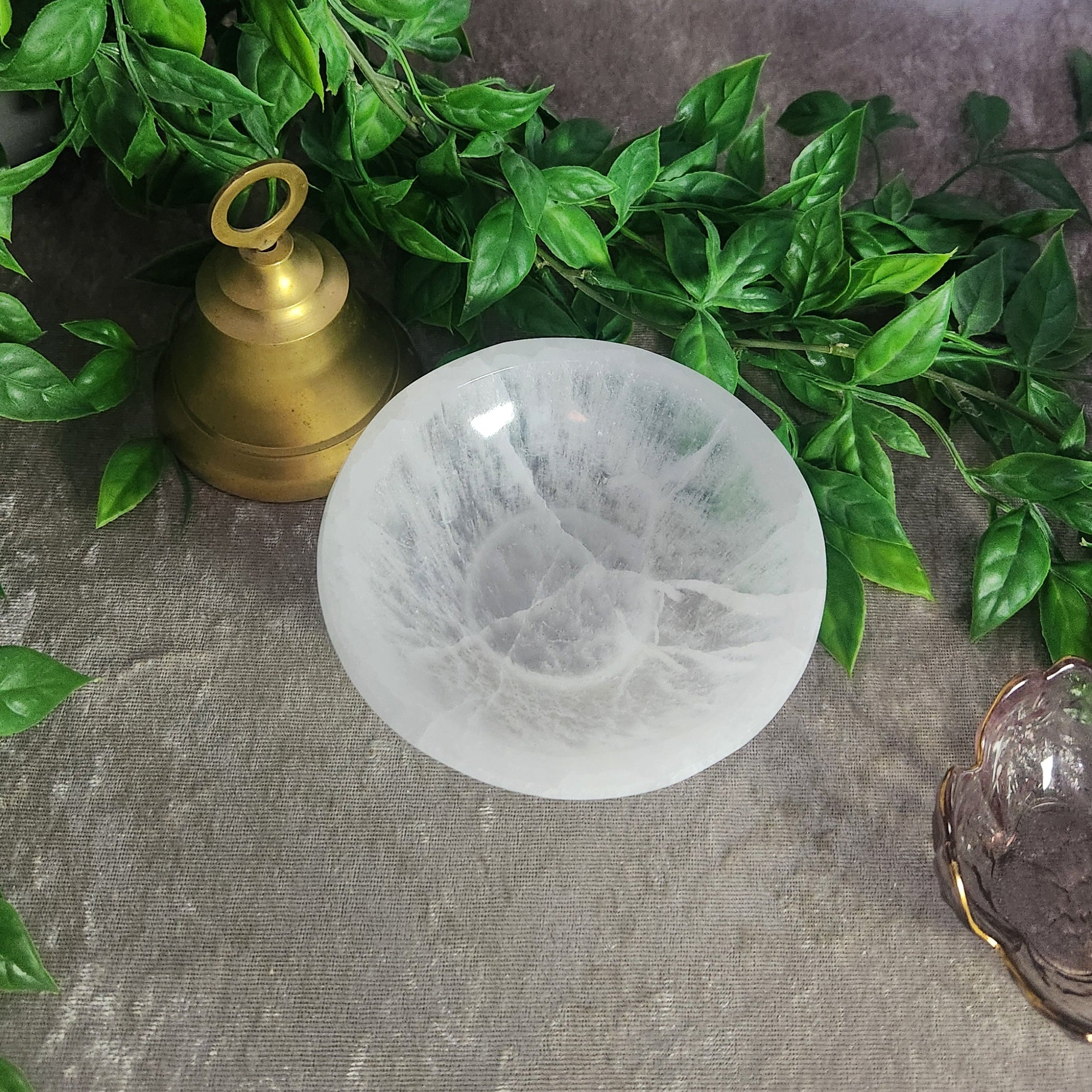 Satin Spar (Selenite) charging bowl with soft white fibrous crystal pattern