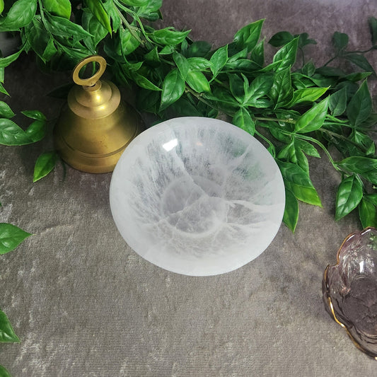 Satin Spar (Selenite) charging bowl with soft white fibrous crystal pattern