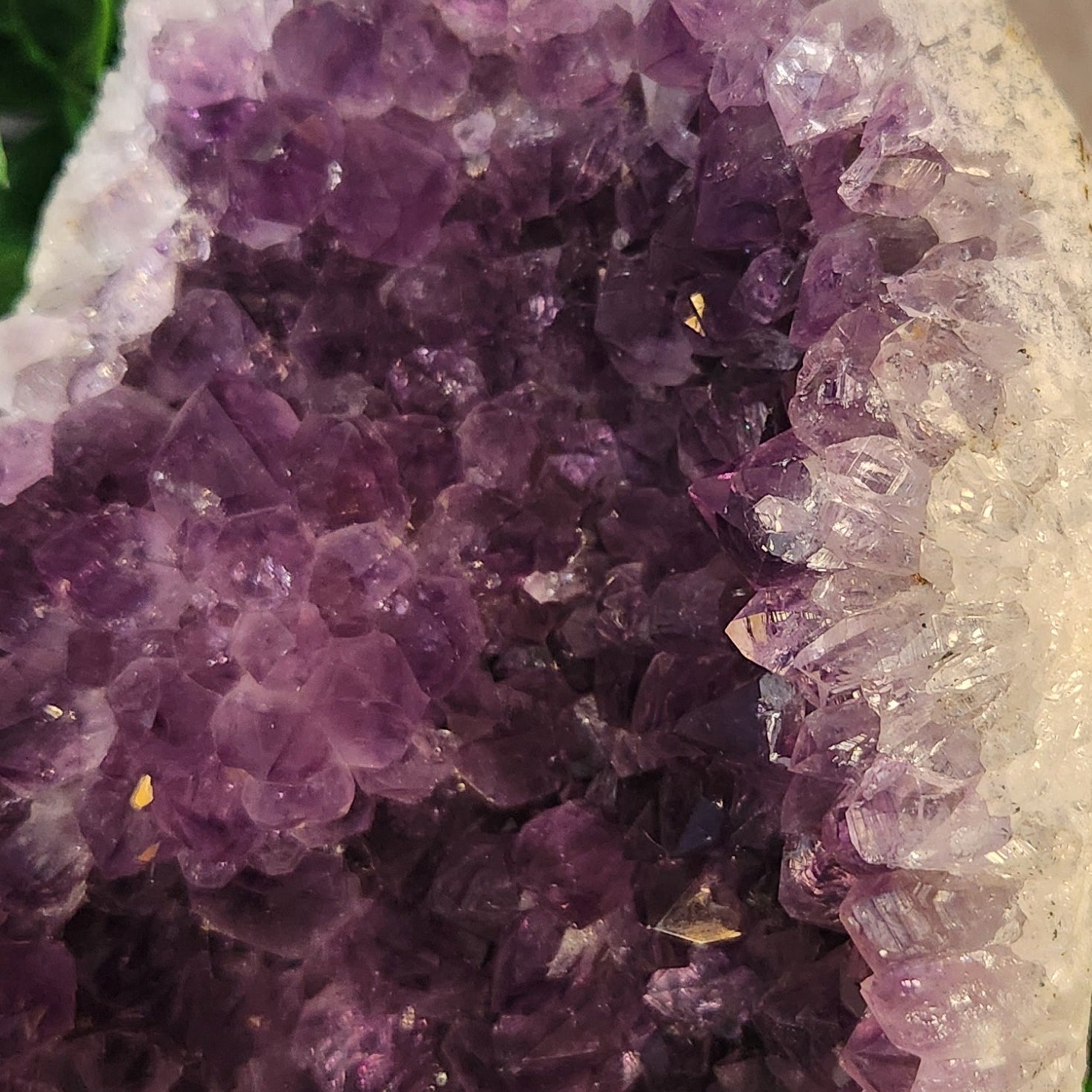 Close-up of deep purple amethyst crystals with natural quartz matrix