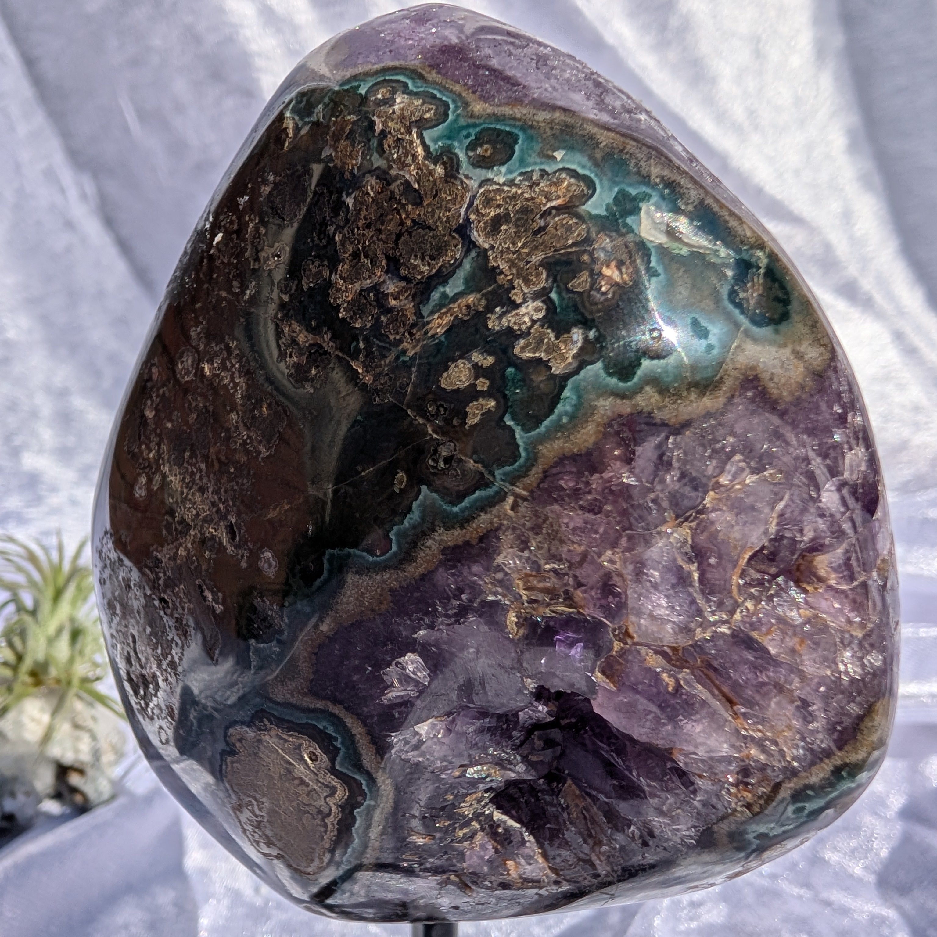 Rear angle of Amethyst geode portal with rich violet crystal clusters mounted on a black stand for home or altar display