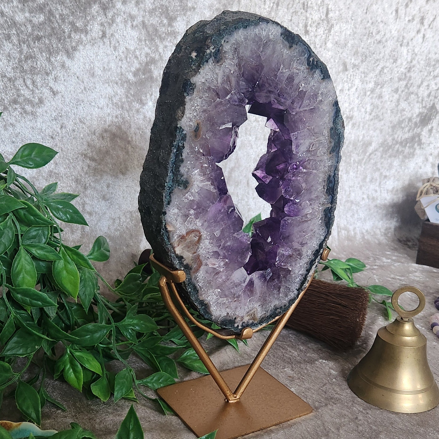 Interior view of amethyst portal highlighting natural druzy points and rich purple colour