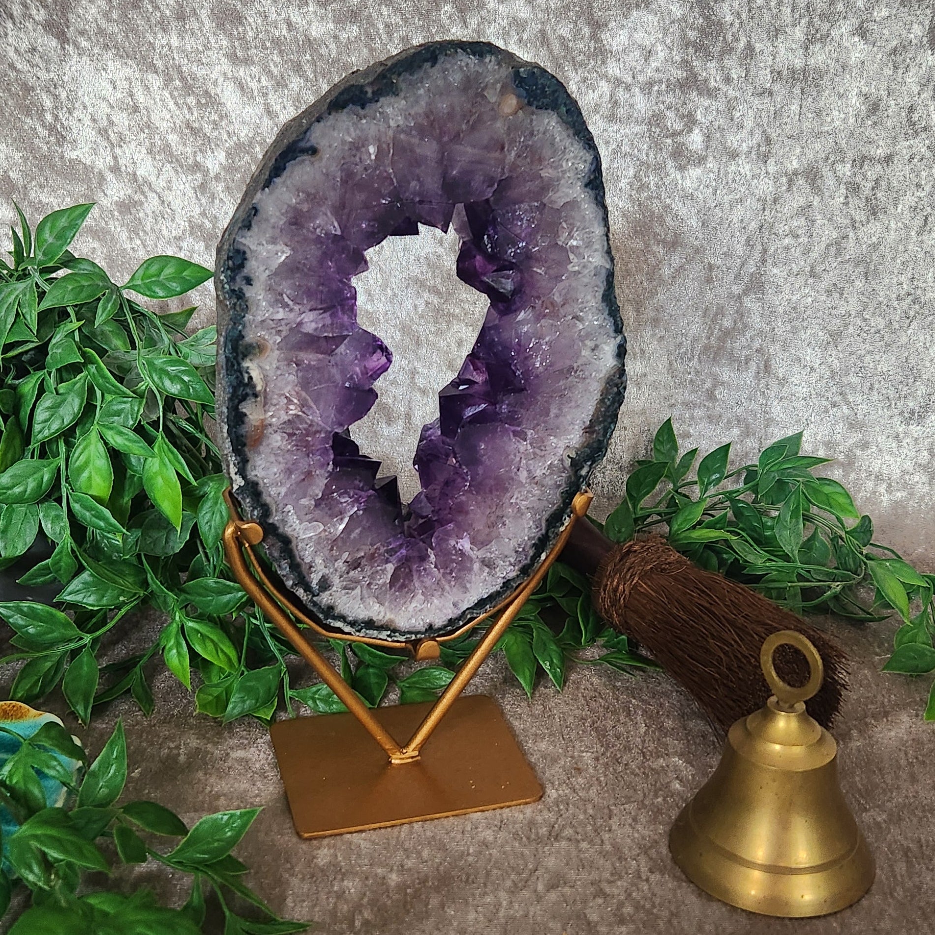 Amethyst Portal on Golden Stand – Crystal of Spiritual Connection, Clarity & Protection – Spellbound Crystal Boutique