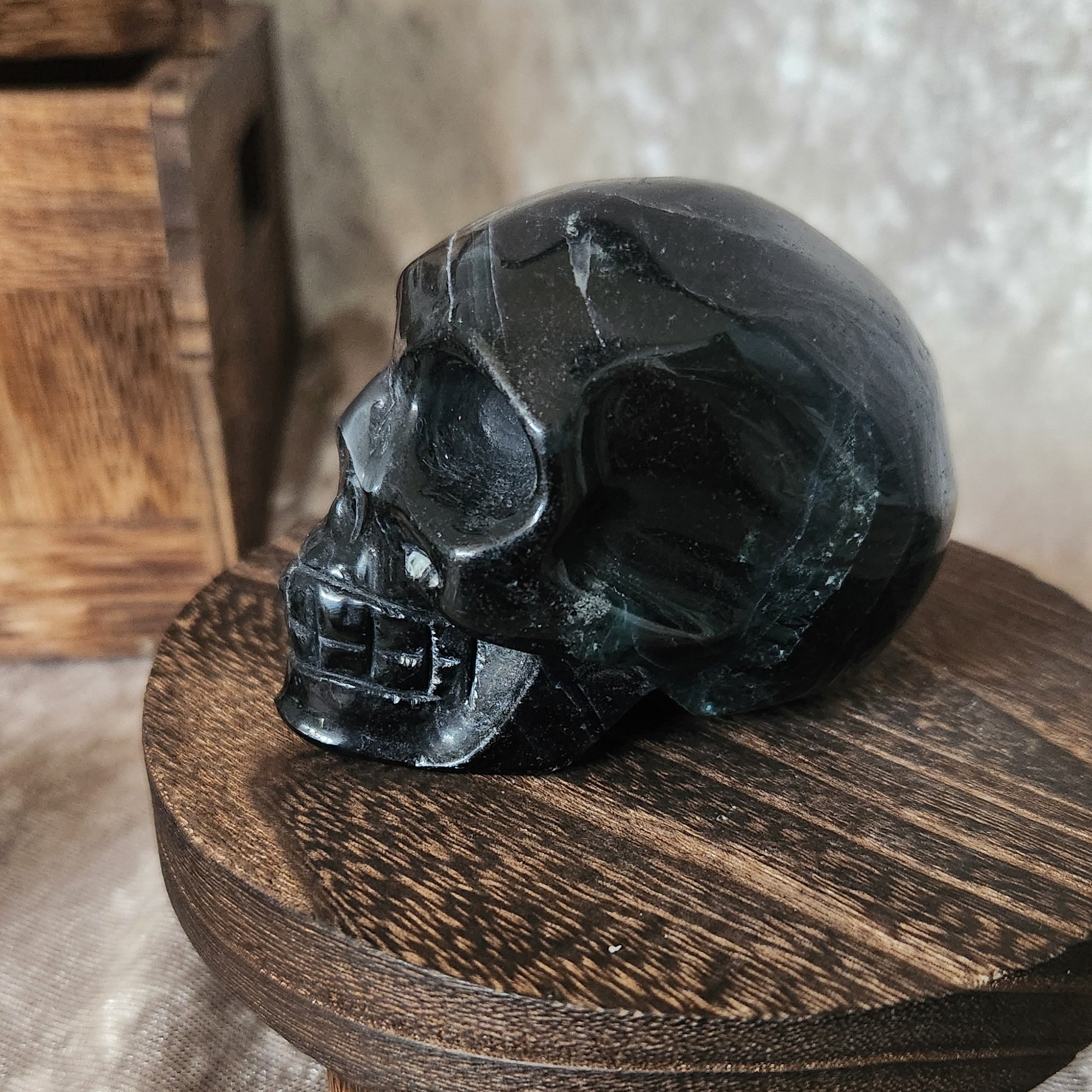 Black Rose Fluorite skull — left side view with subtle internal banding and glossy finish.