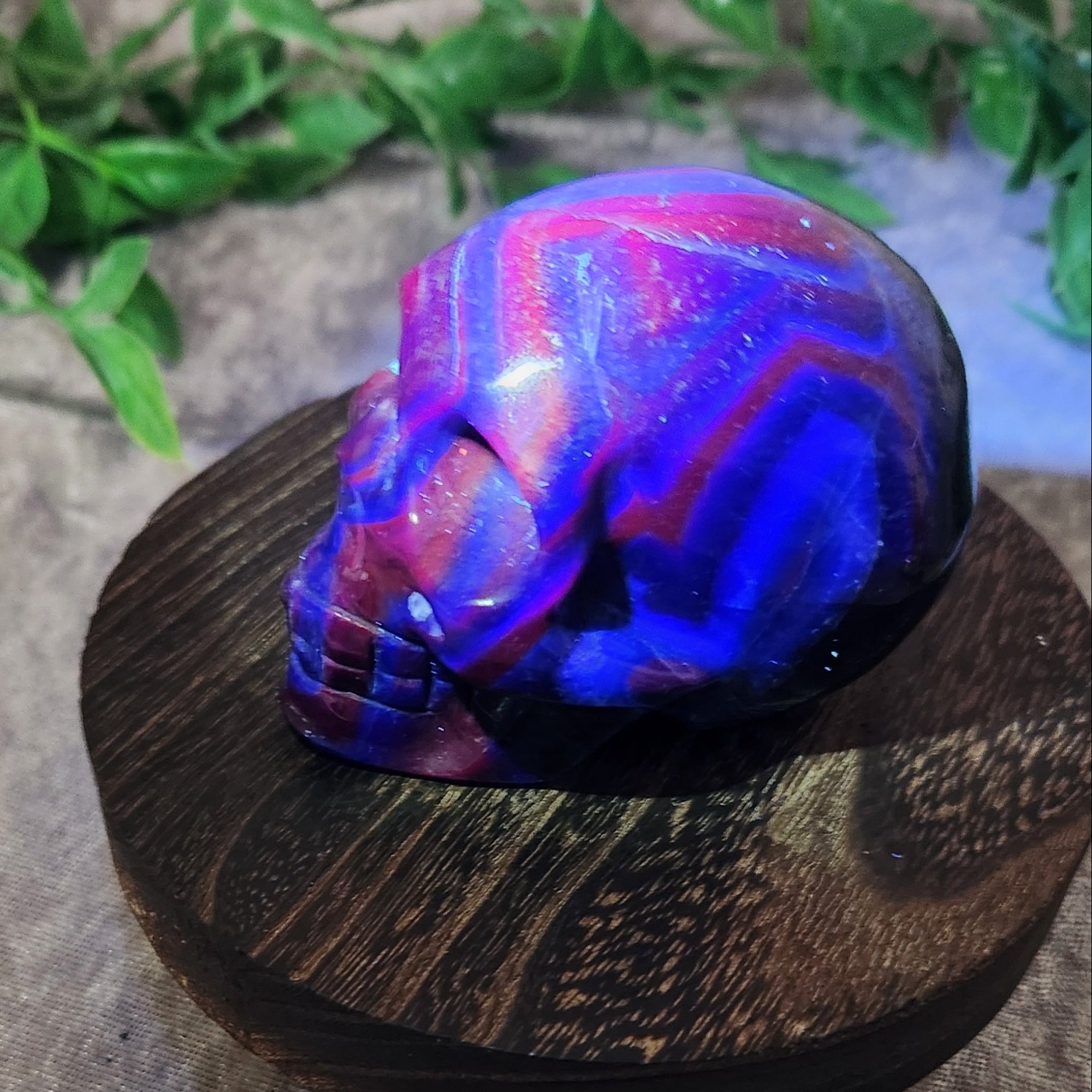 UV-reactive fluorite skull — left side view showing strong purple, blue and magenta UV glow.