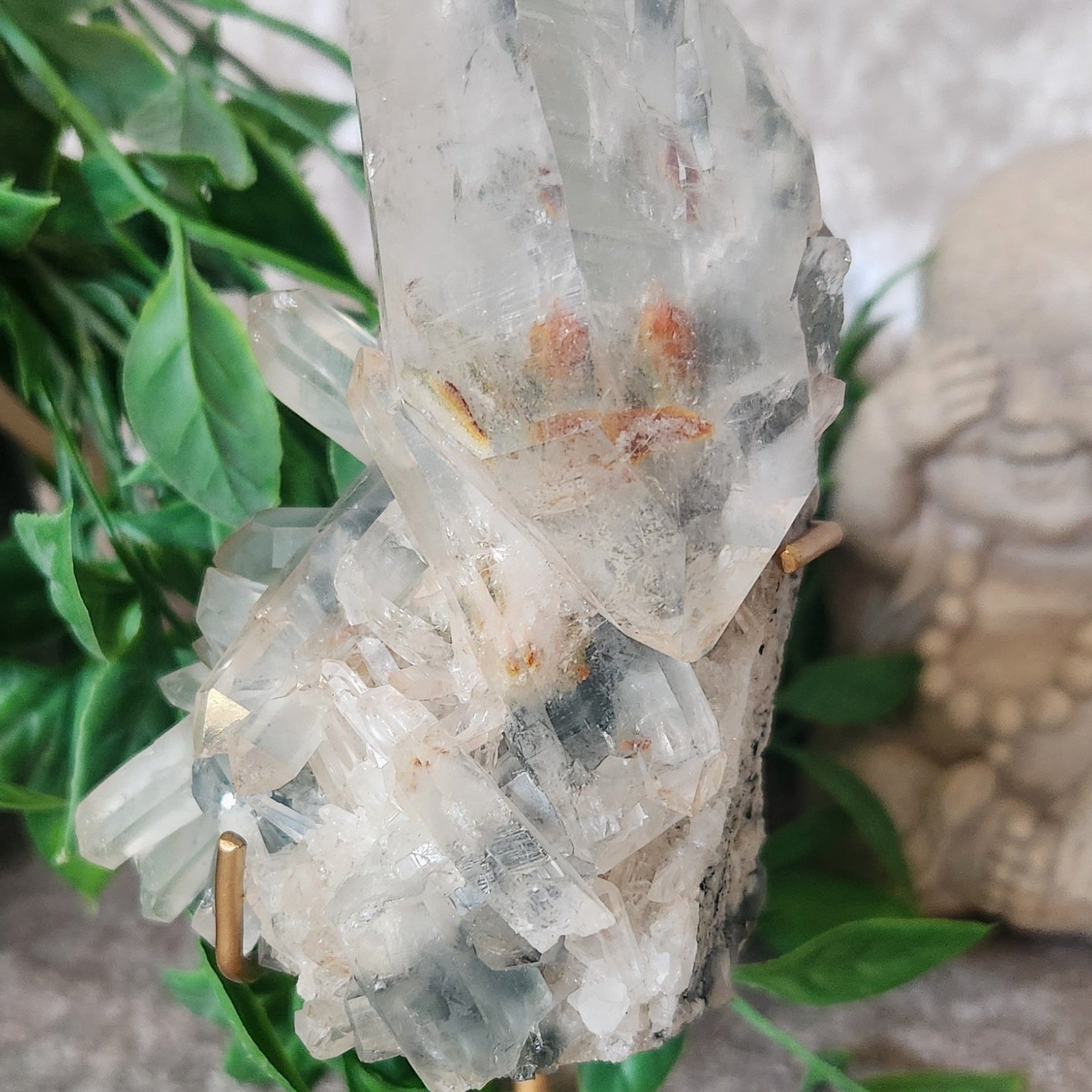 Blue Tara Quartz Cluster on a custom gold stand – rare Brazilian crystal with iridescent clarity and high-vibration energy.