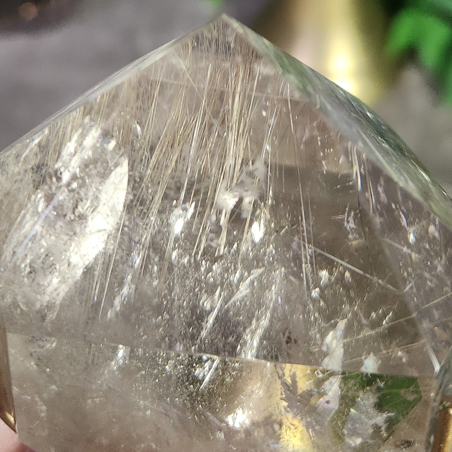 High-quality shot of clear quartz with golden rutile, showcasing internal threading and polished facets.