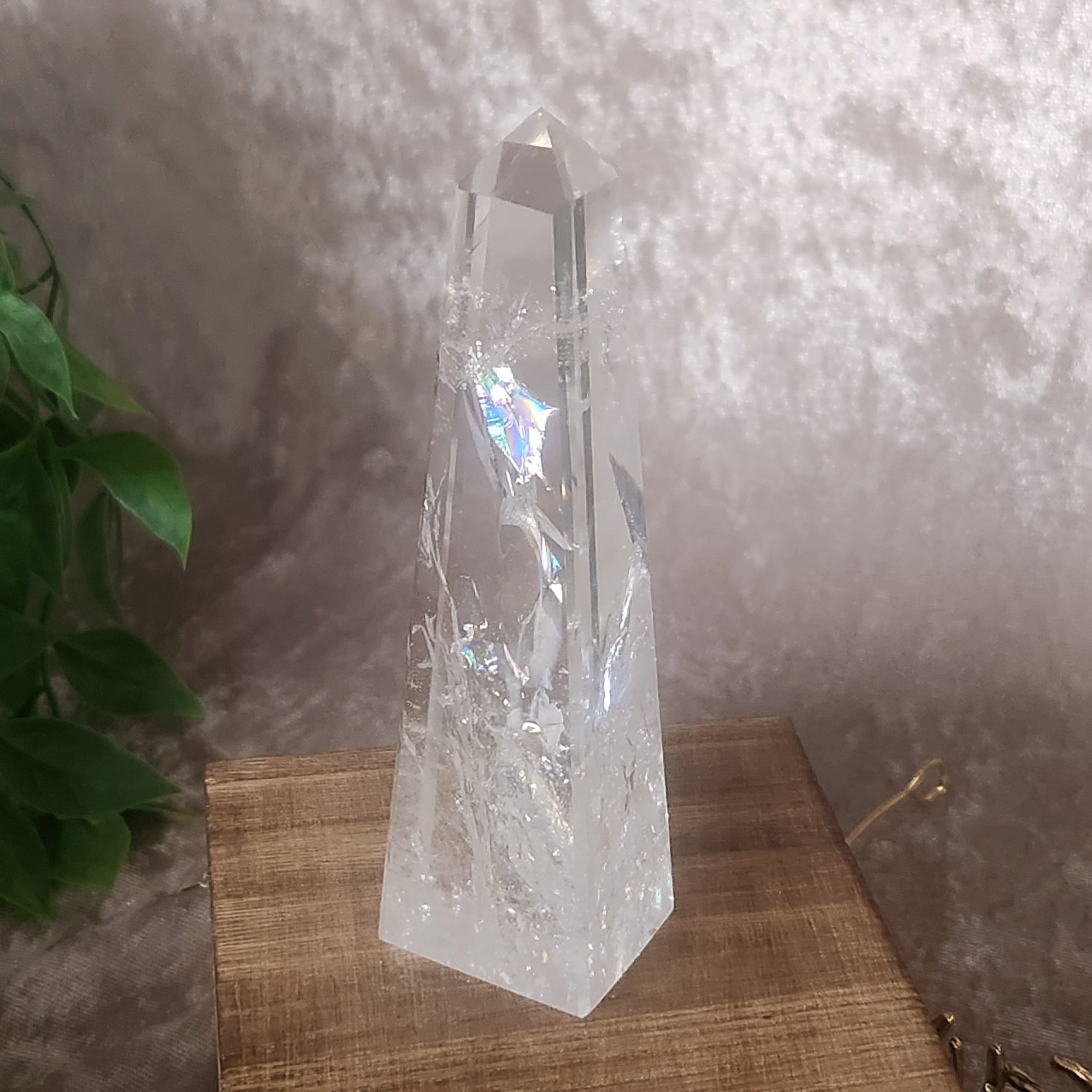 Natural Brazilian clear quartz point photographed in neutral setting