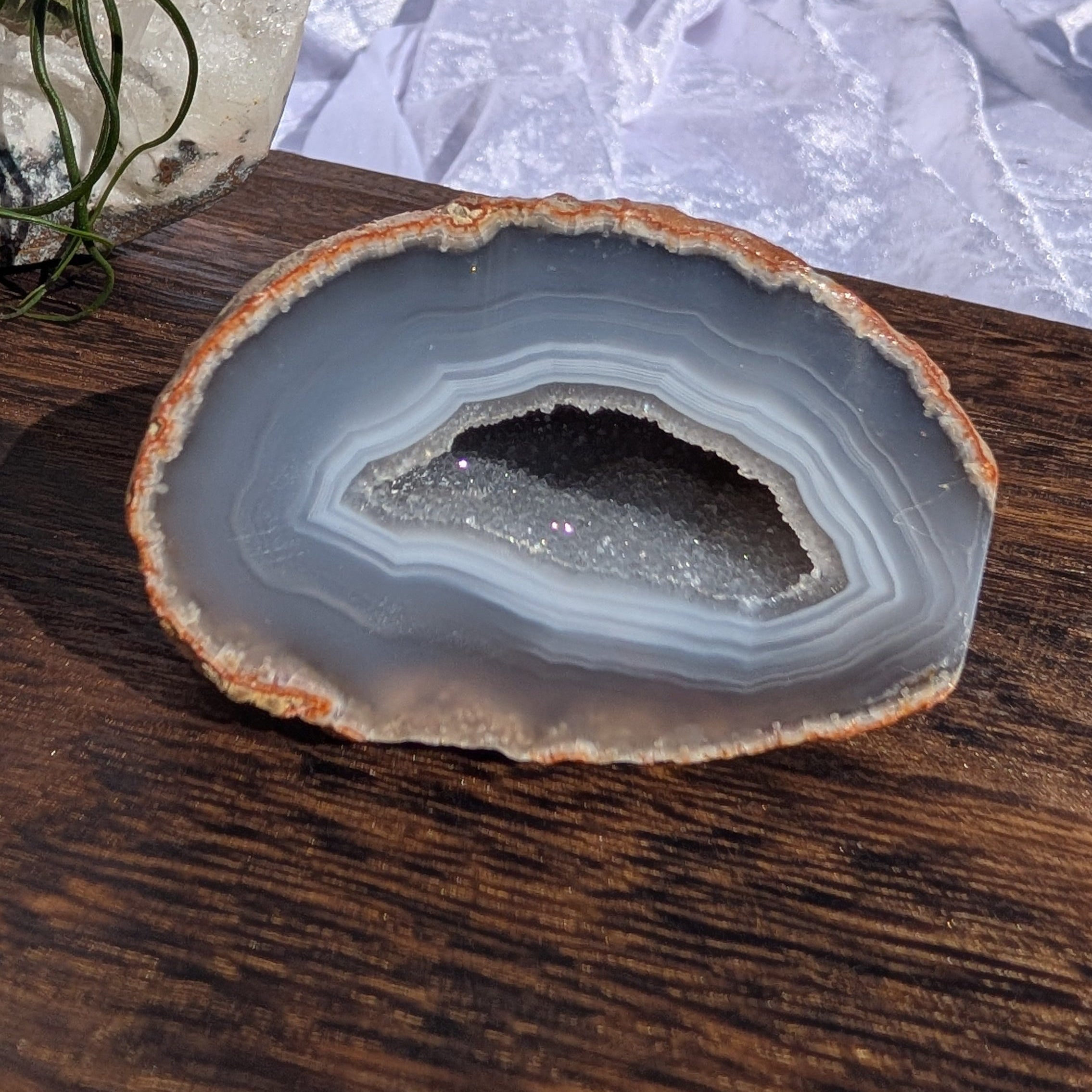 Close up of Blue Agate with sparkling quartz geode