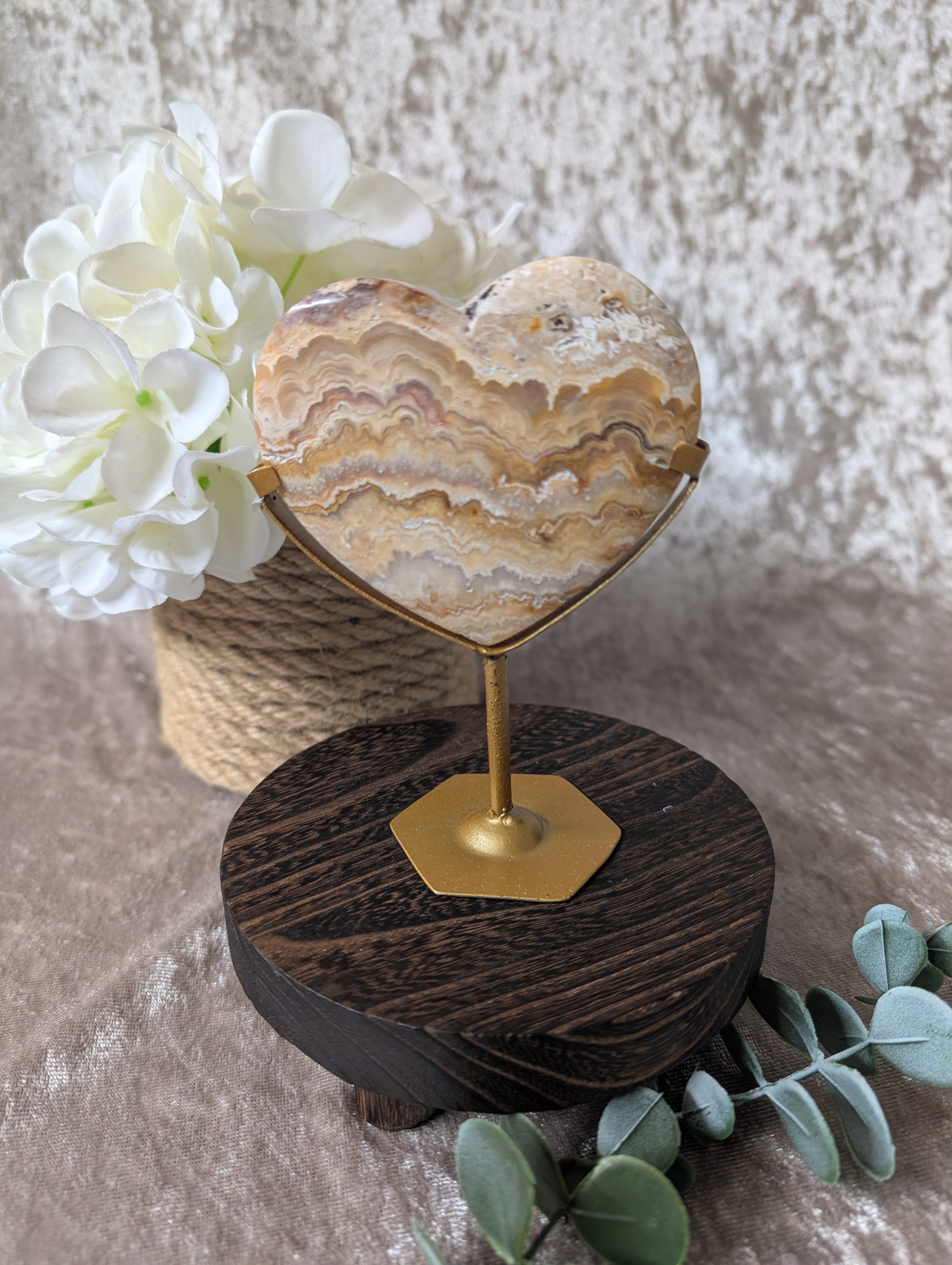 Boho Decor Style gift of crazy lace agate crystal heart on gold stand 159g