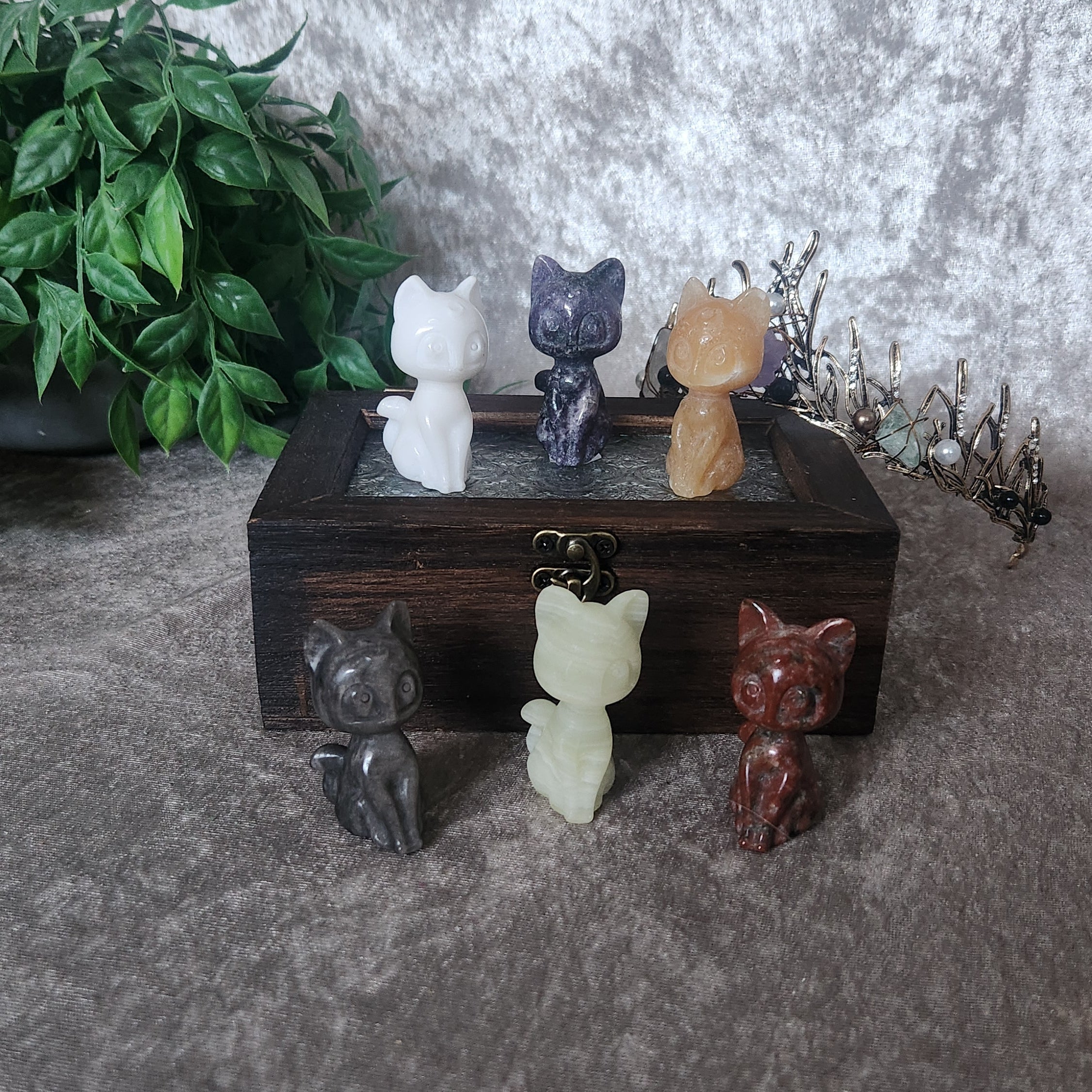 Crystal cat carvings in assorted natural stones displayed on a decorative box, each polished and uniquely coloured