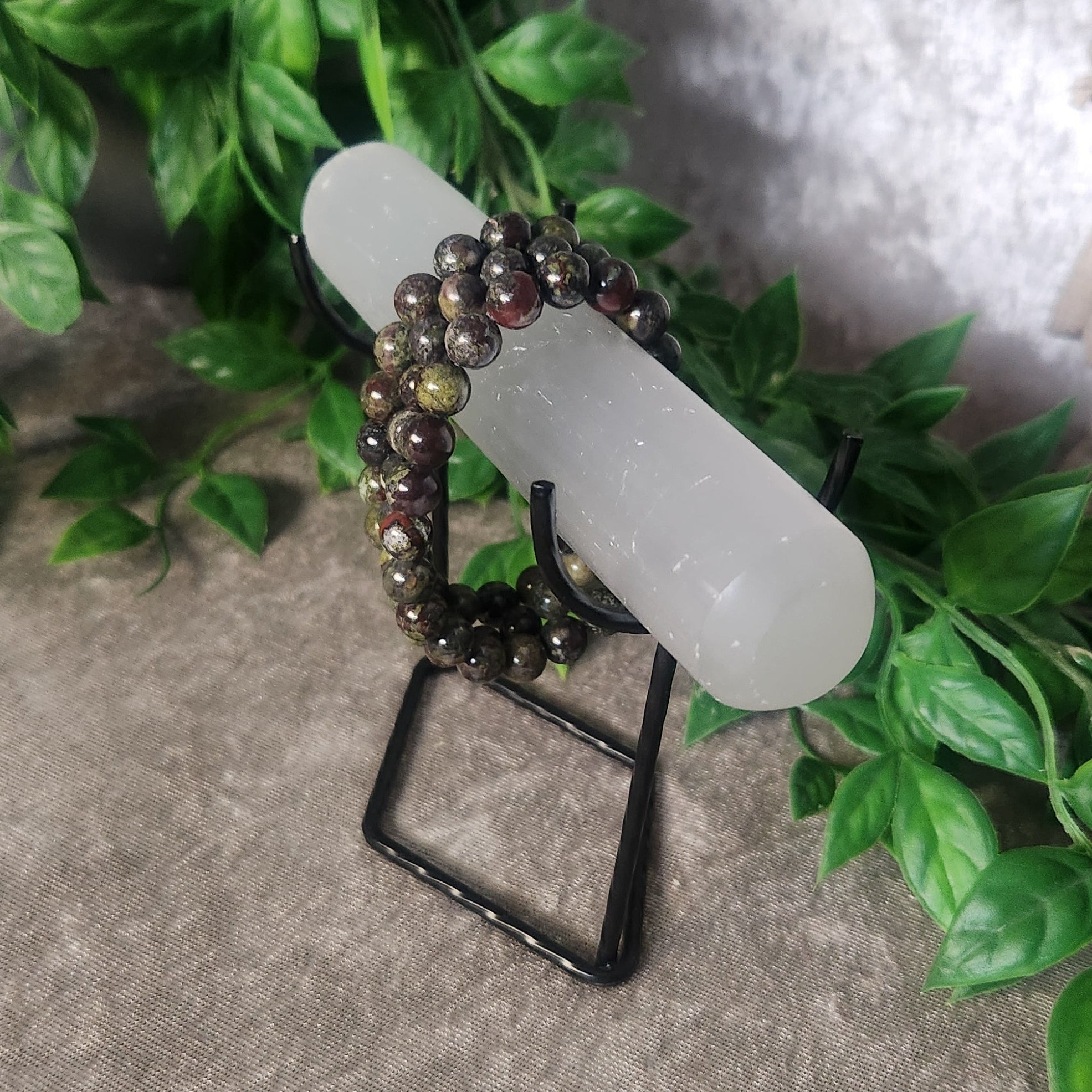 Dragon’s Blood Jasper bracelet featuring deep green beads with red accents