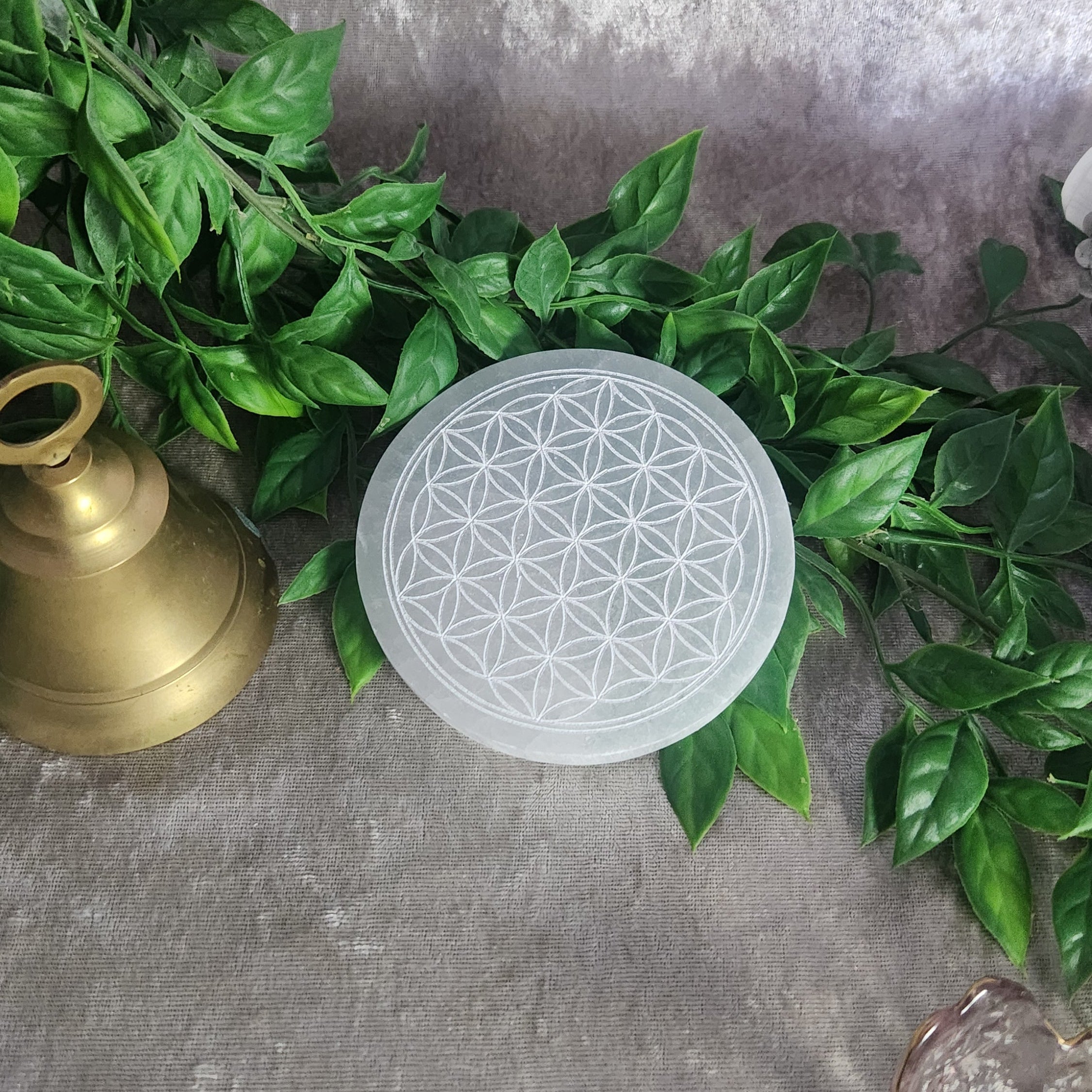 Flower of Life Satin Spar selenite charging plate for crystal cleansing