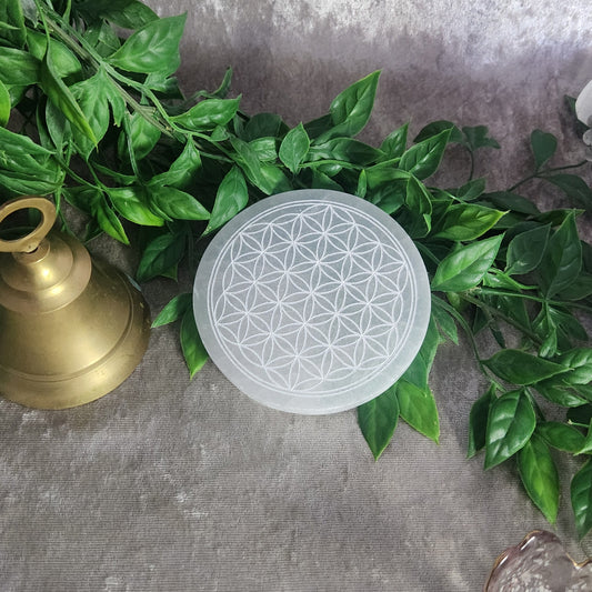 Flower of Life Satin Spar selenite charging plate for crystal cleansing