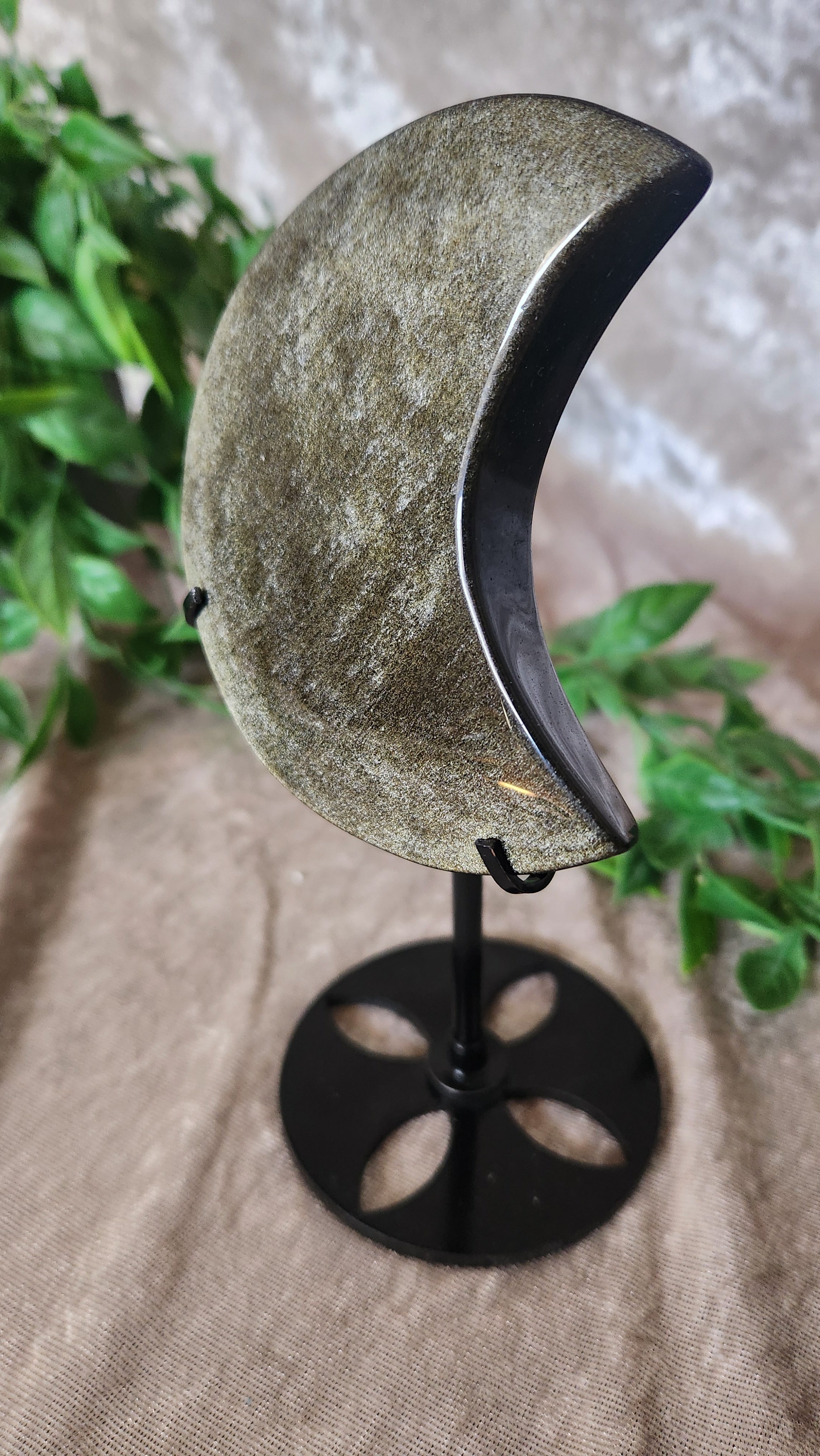 Golden Sheen Obsidian Moon on Stand – Protective Celestial Crystal Carving – Spellbound Crystal Boutique