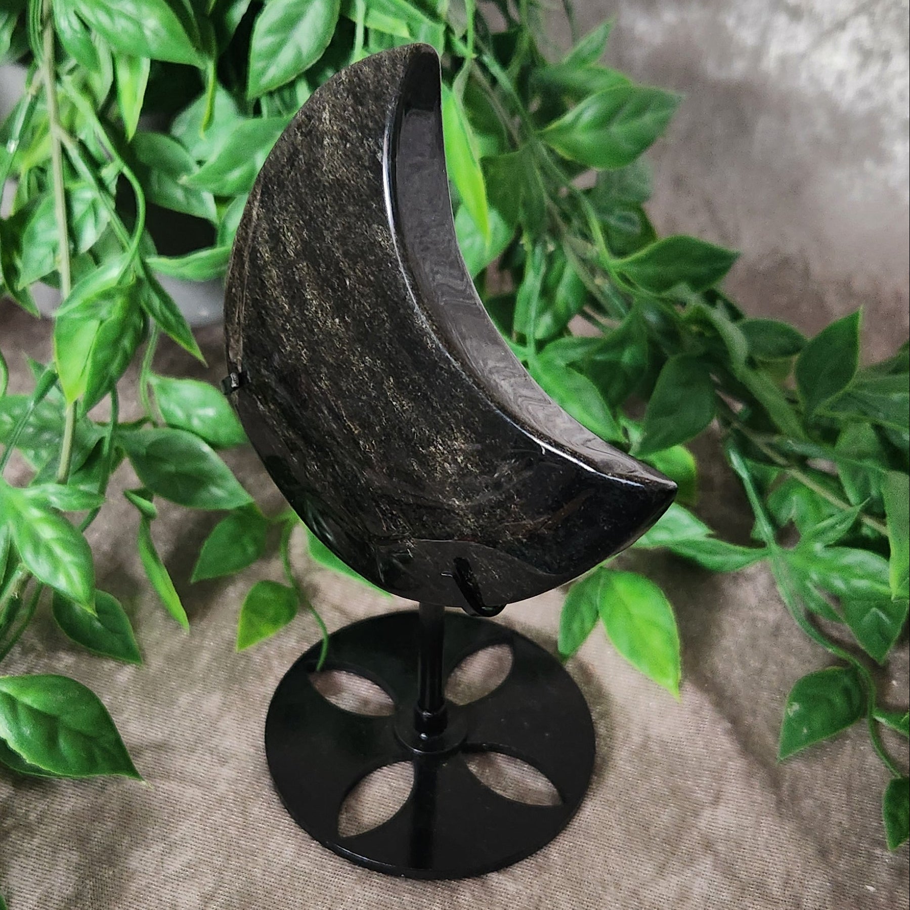 Golden Sheen Obsidian Moon on Stand – Subtle Protection & Inner Strength – Spellbound Crystal Boutique