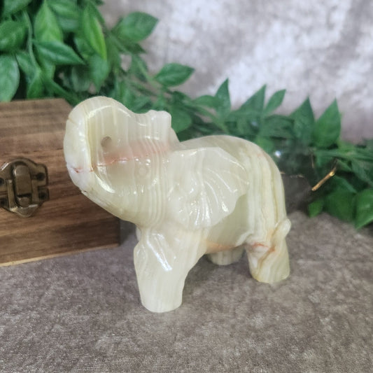 Polished Green Onyx calcite elephant crystal carving