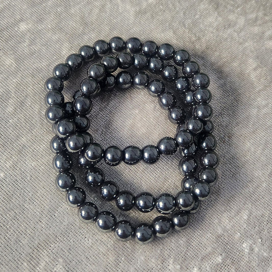 Hematite bracelet with polished 8 mm beads on stretch elastic