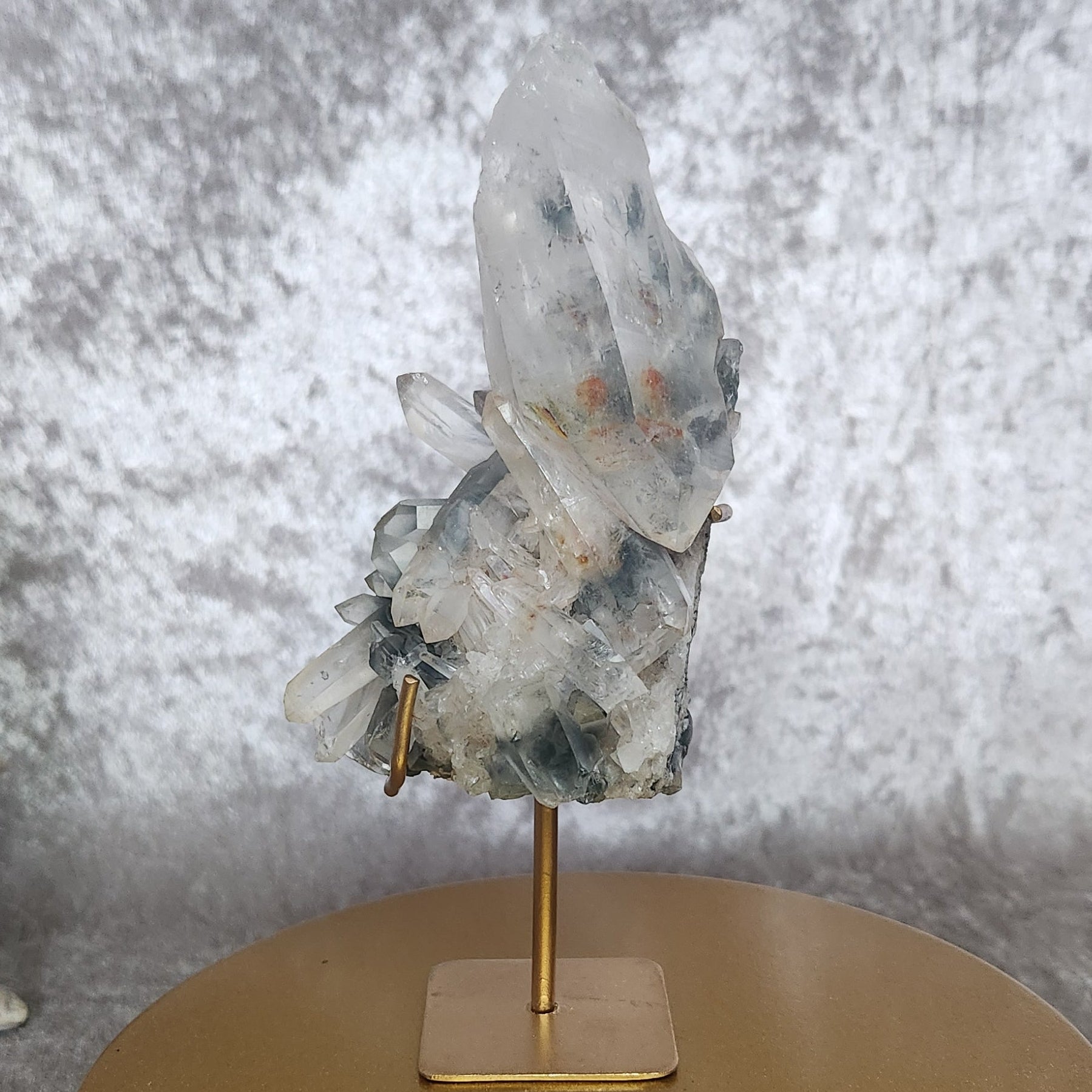 Blue Tara Quartz Cluster on a custom gold stand – rare Brazilian crystal with iridescent clarity and high-vibration energy.