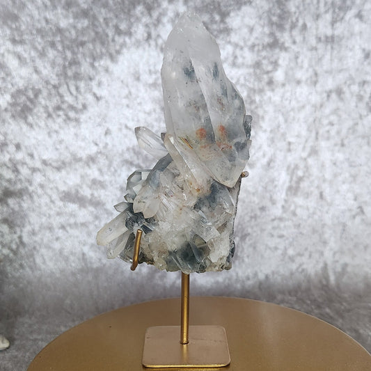 Blue Tara Quartz Cluster on a custom gold stand – rare Brazilian crystal with iridescent clarity and high-vibration energy.