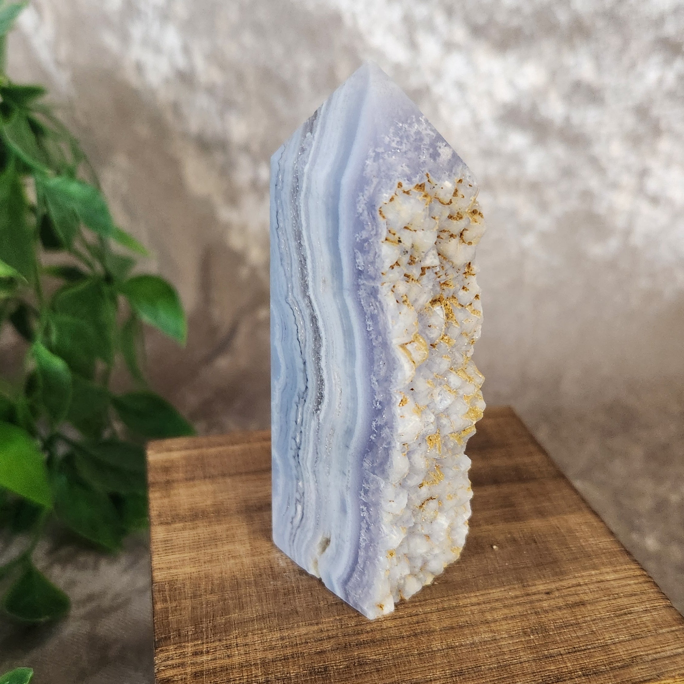 Tall blue lace agate tower with smooth polished finish and natural druzy pocket detail