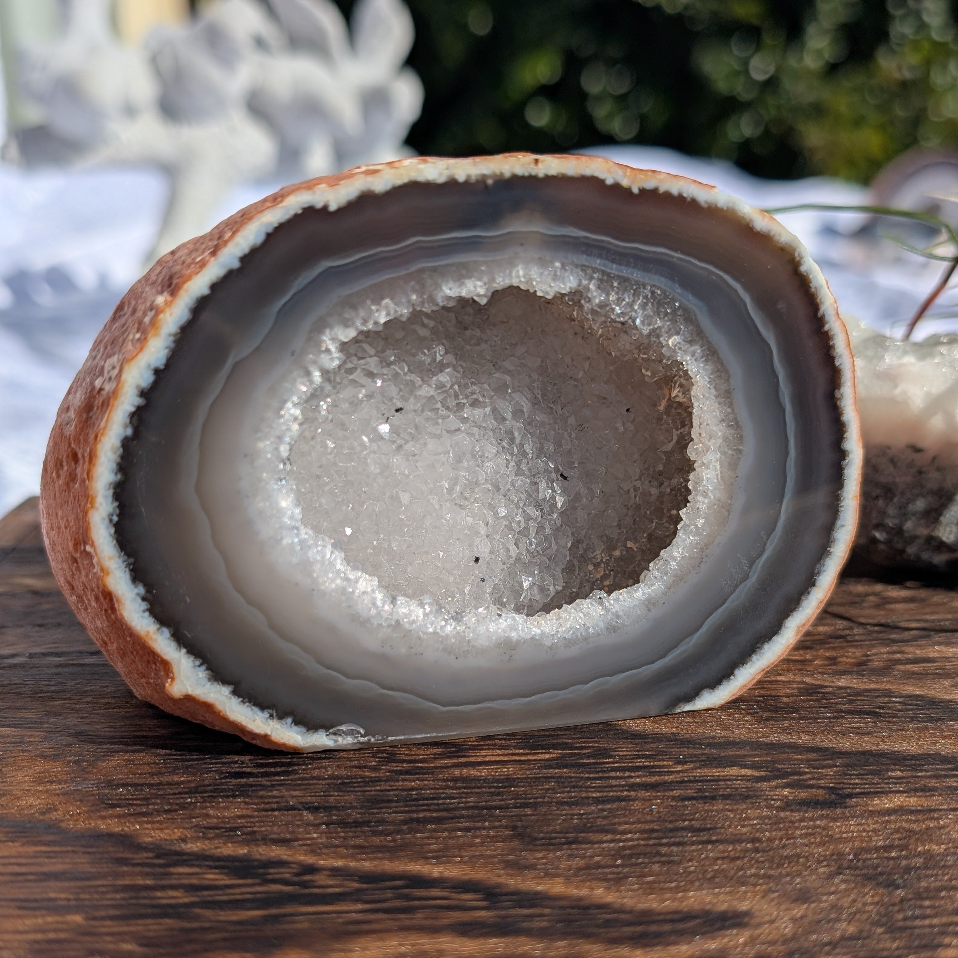 Close up of large agate geode with druzy and banding in natural light