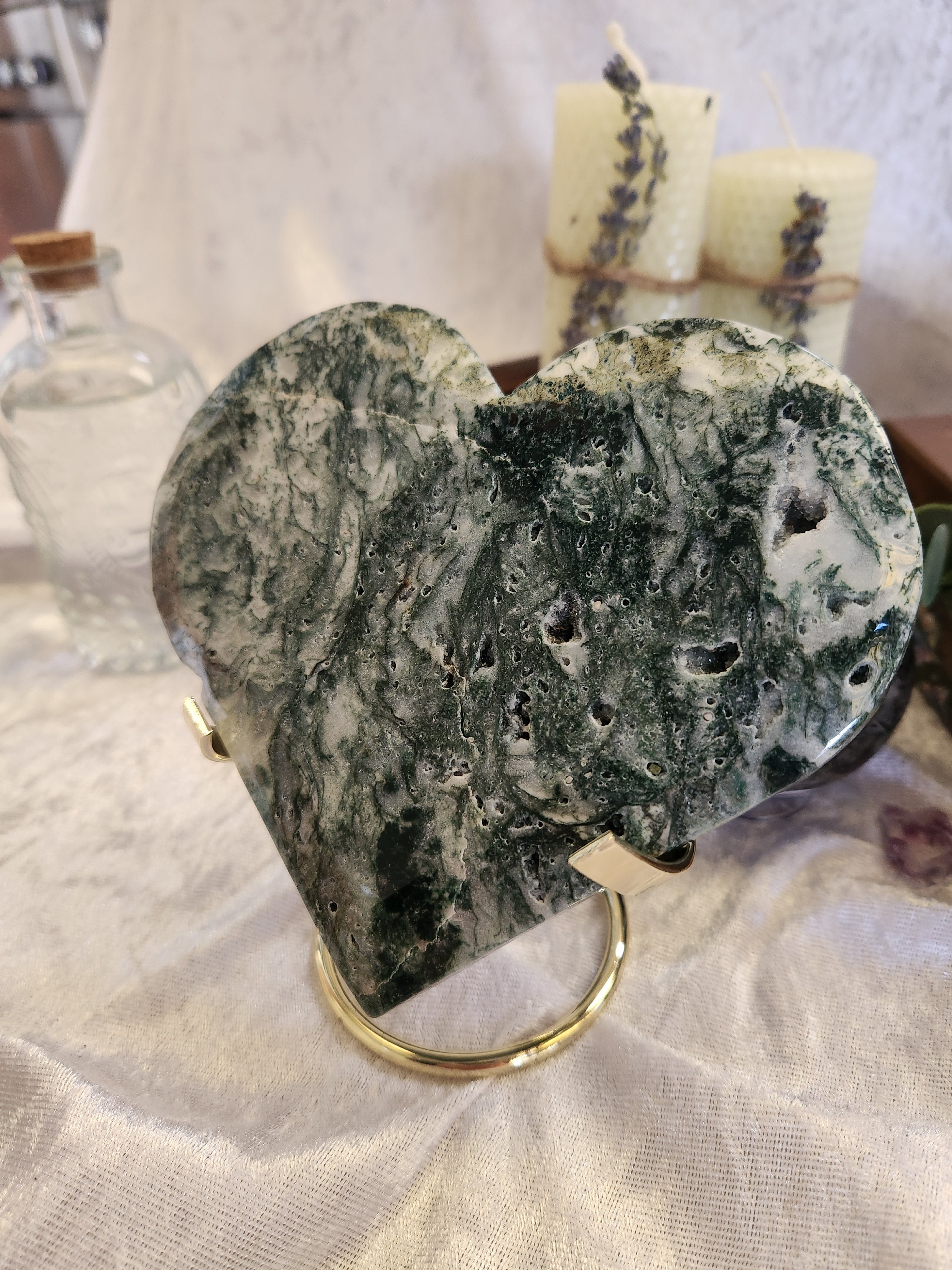 Large Green and white Moss Agate Heart. Perfect gift for crystal lovers