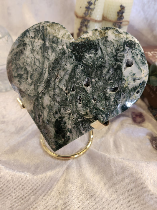 Large Moss Agate heart on gold stand