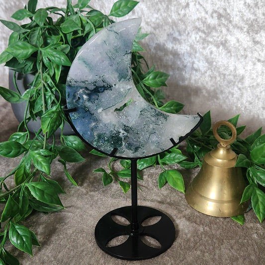 Moss Agate moon with natural druzy on black stand