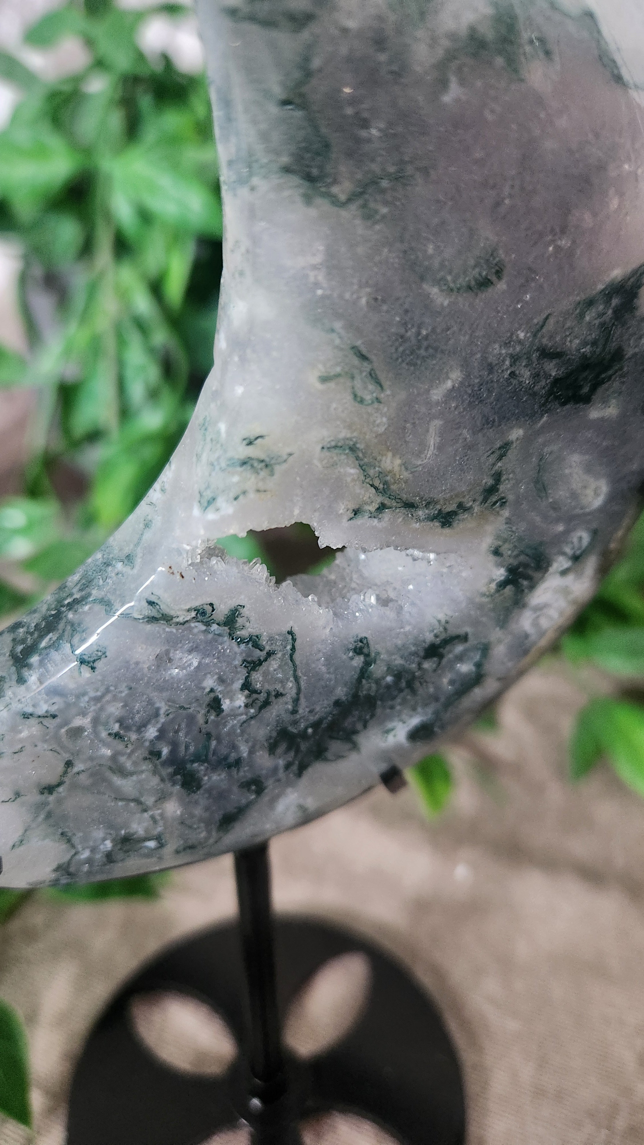 Close-up of druzy formation within Moss Agate moon crystal