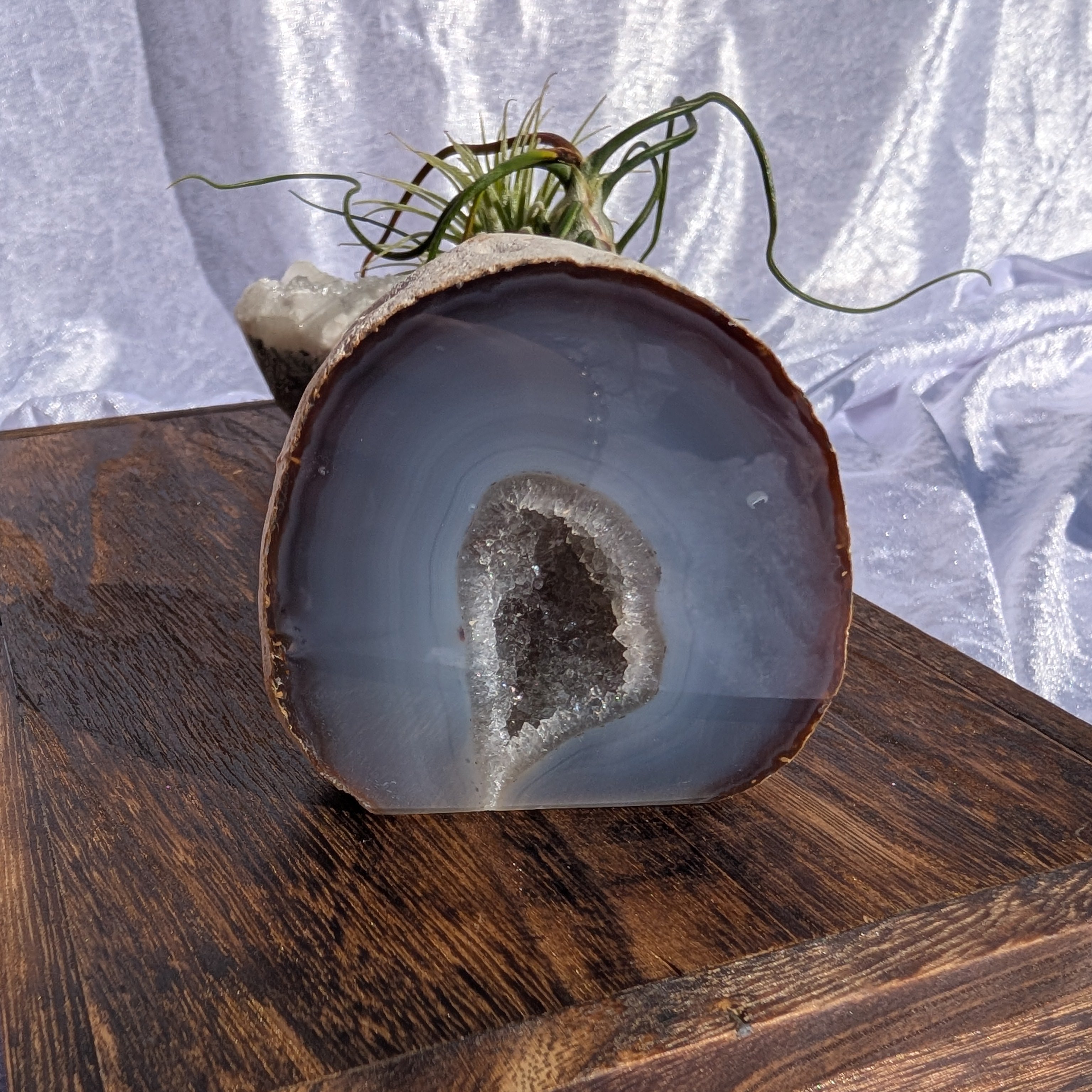 Natural agate geode displayed on wooden crate with velvet background