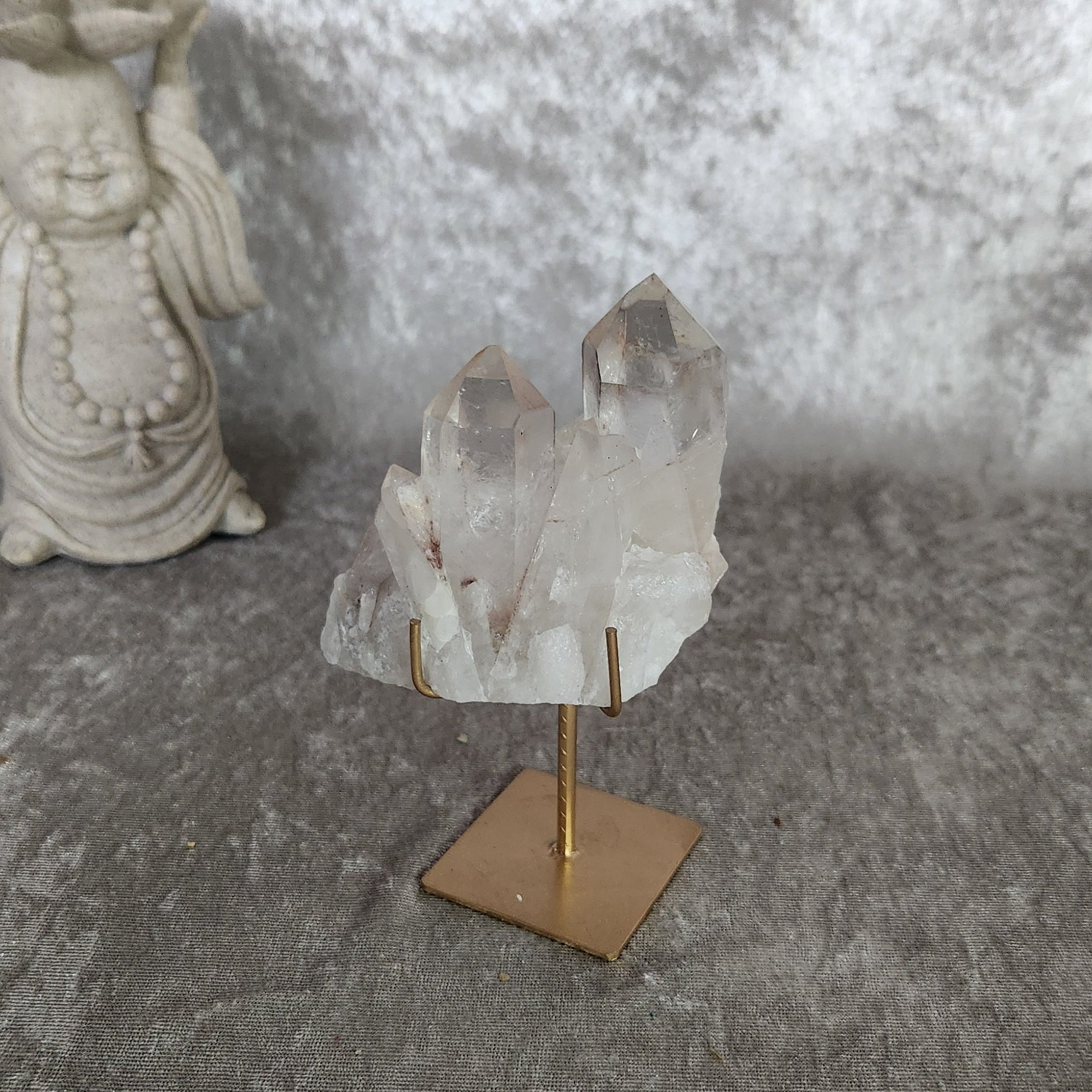 Brazilian quartz crystal cluster showcasing soft lodolite inclusions
