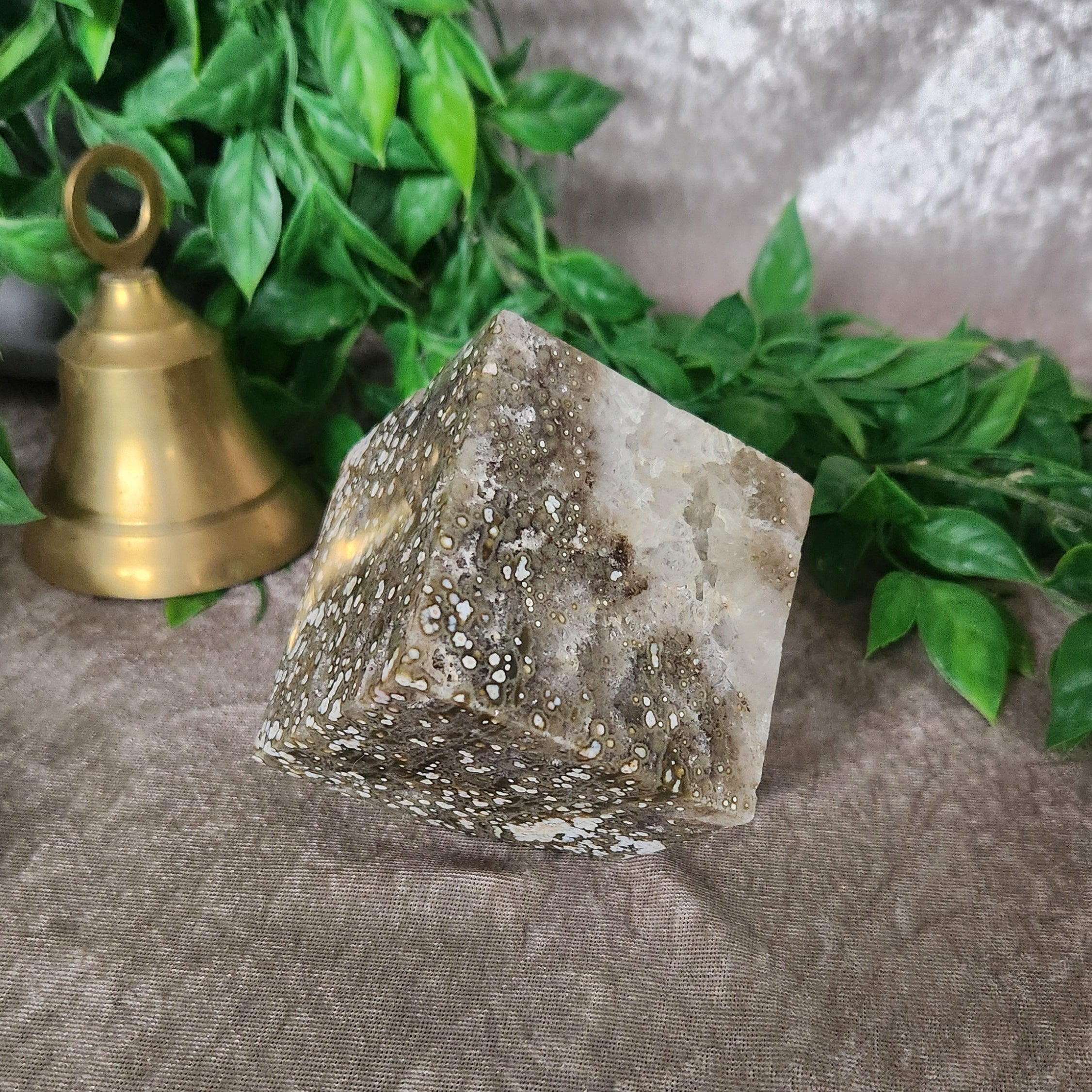 Polished orbicular jasper cube photographed for crystal collection