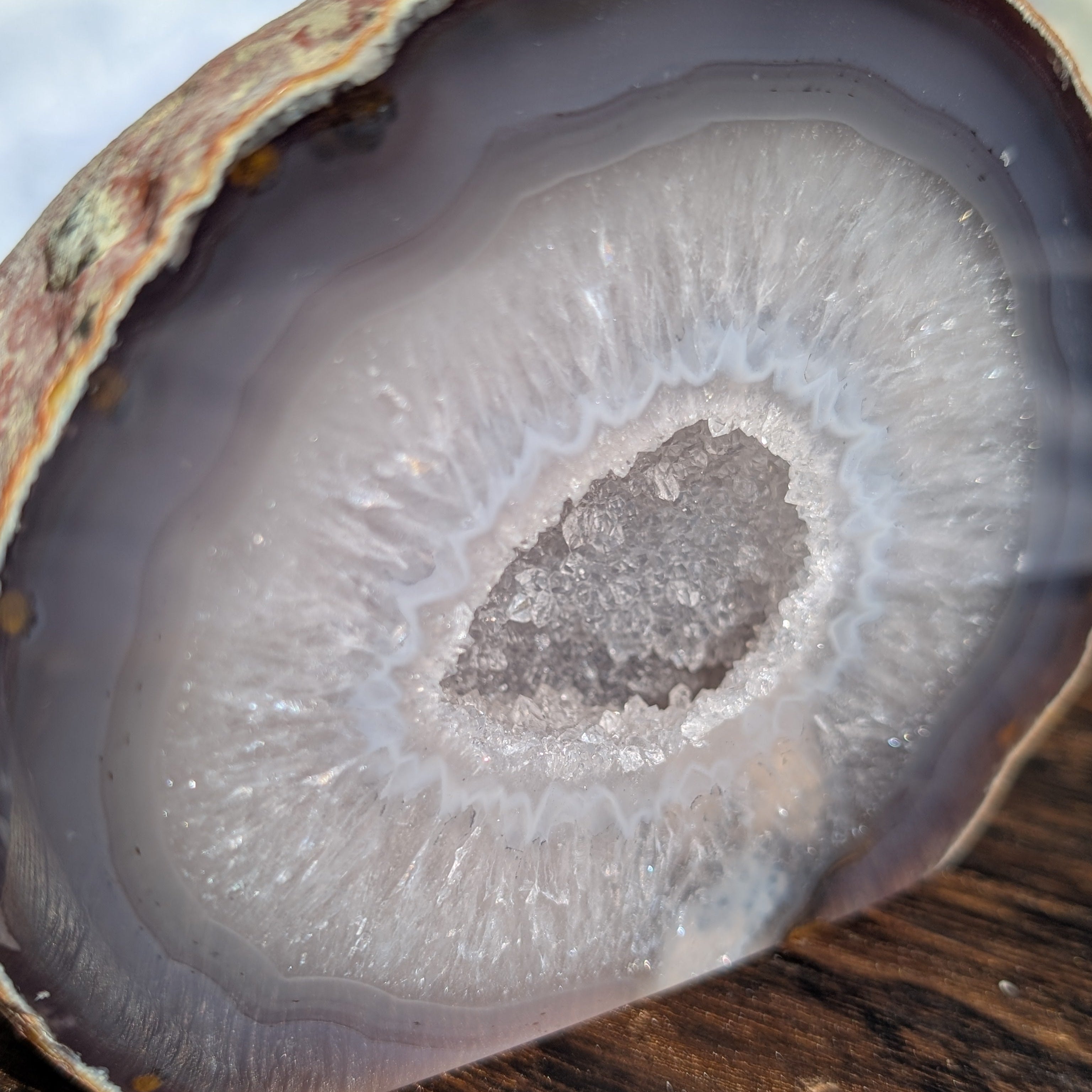 side view of large natural druzy quartz