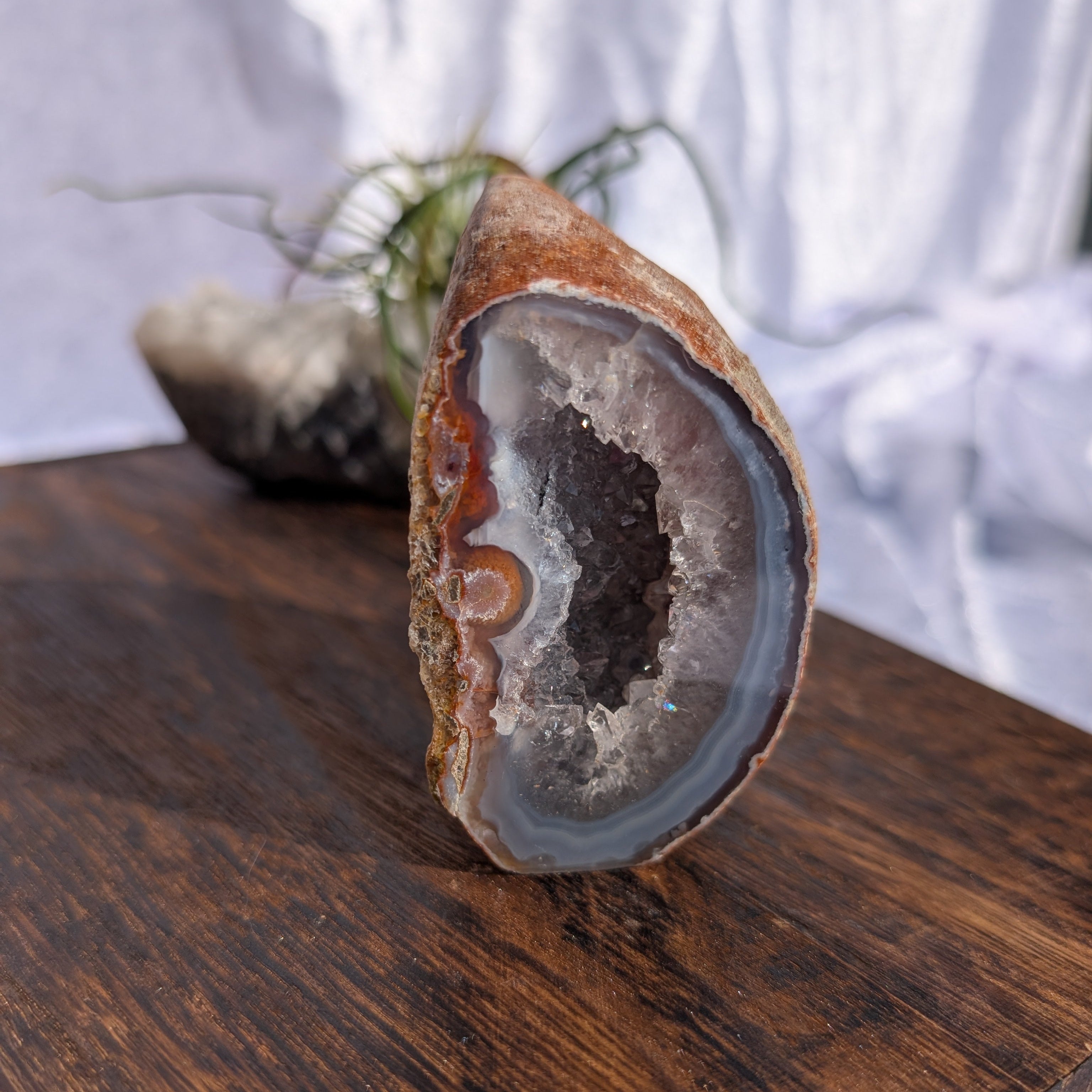 Blue banded agate geode displayed standing on its side on wooden box in natural light