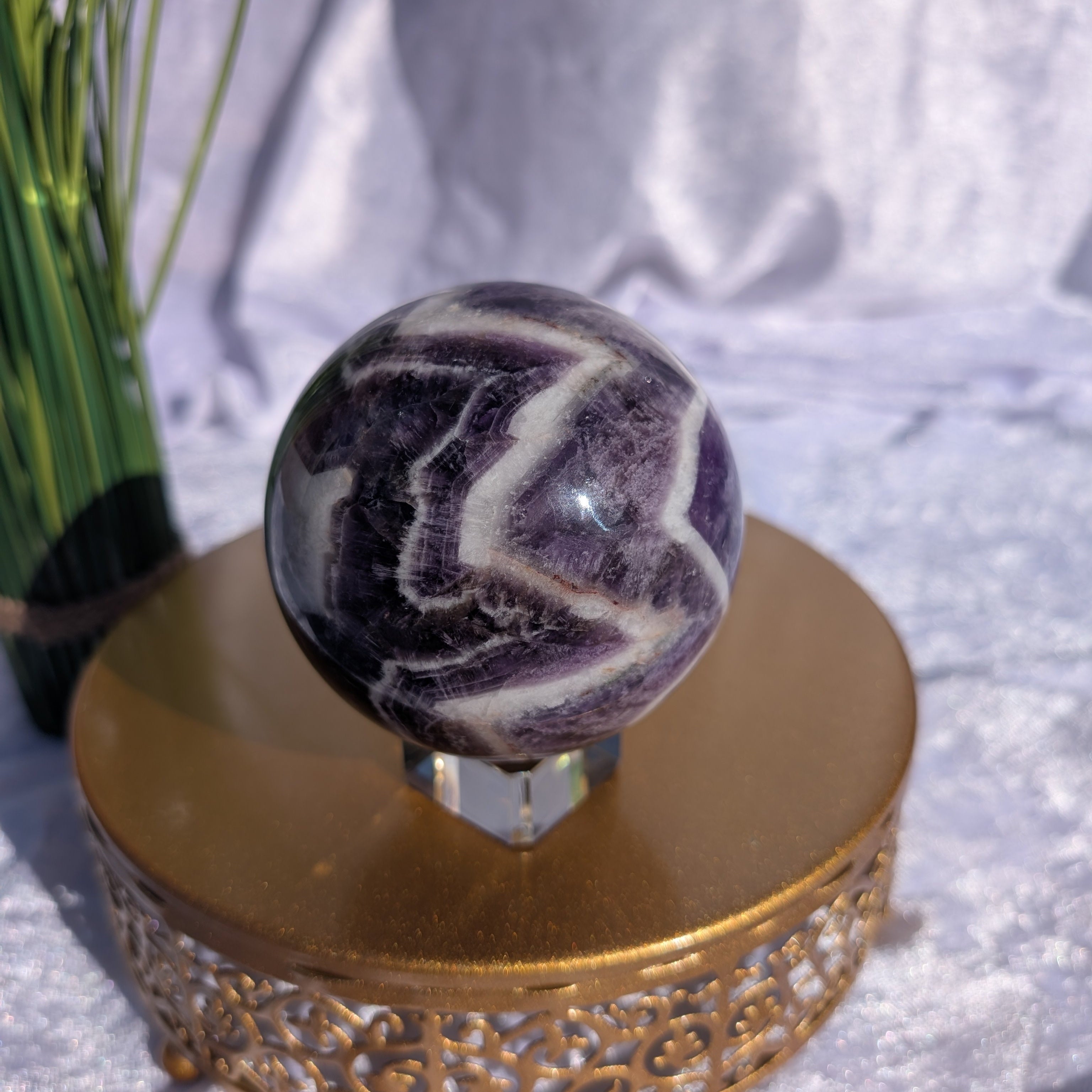Chevron Amethyst Sphere – Crystal of Intuition, Clarity & Spiritual Protection – Spellbound Crystal Boutique