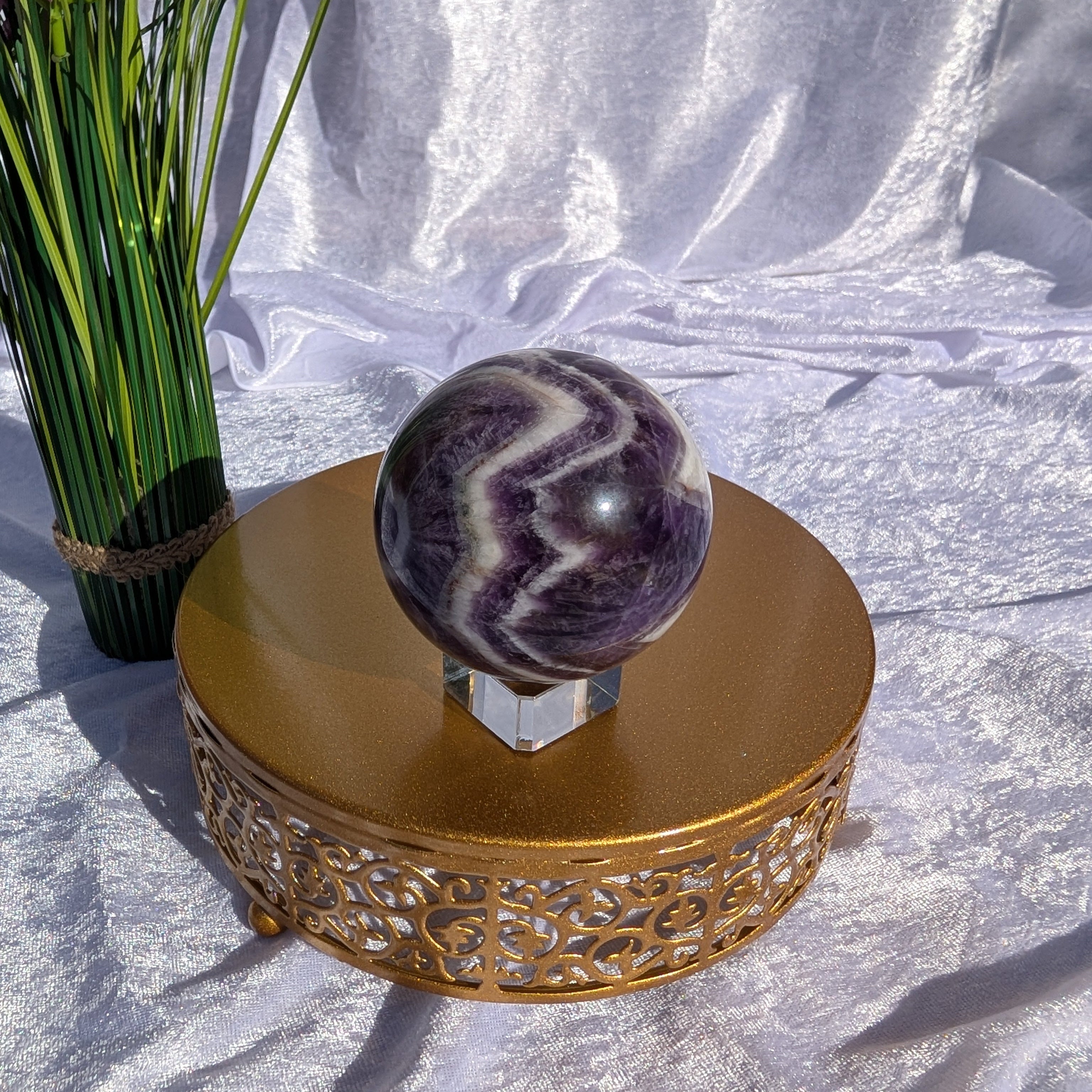 Purple and white banded dream amethyst sphere