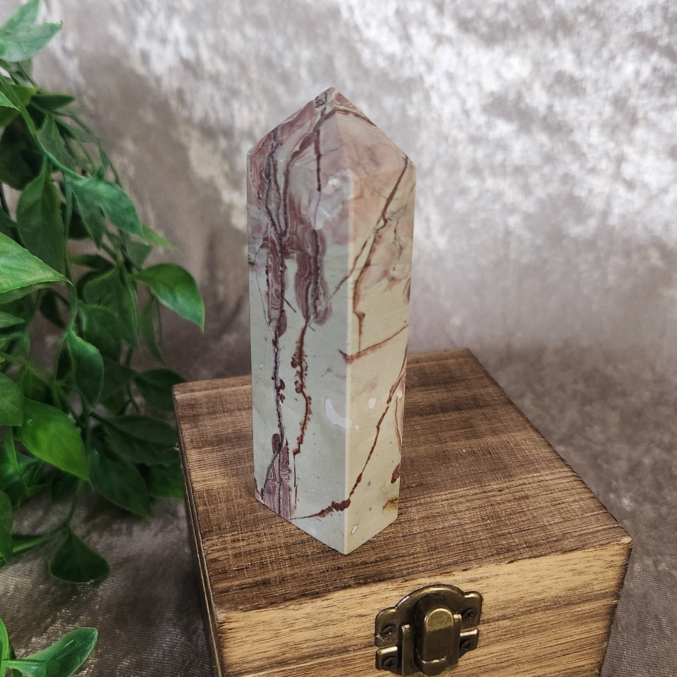 Close-up of polished Picture Jasper tower with unique stone patterns