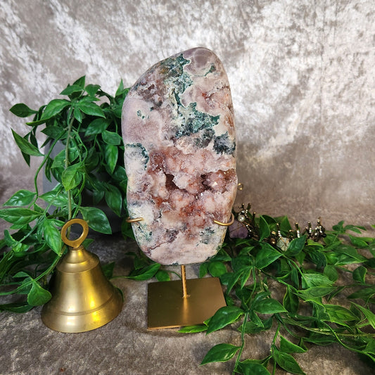 Pink Amethyst with chlorite druzy freeform crystal on gold stand