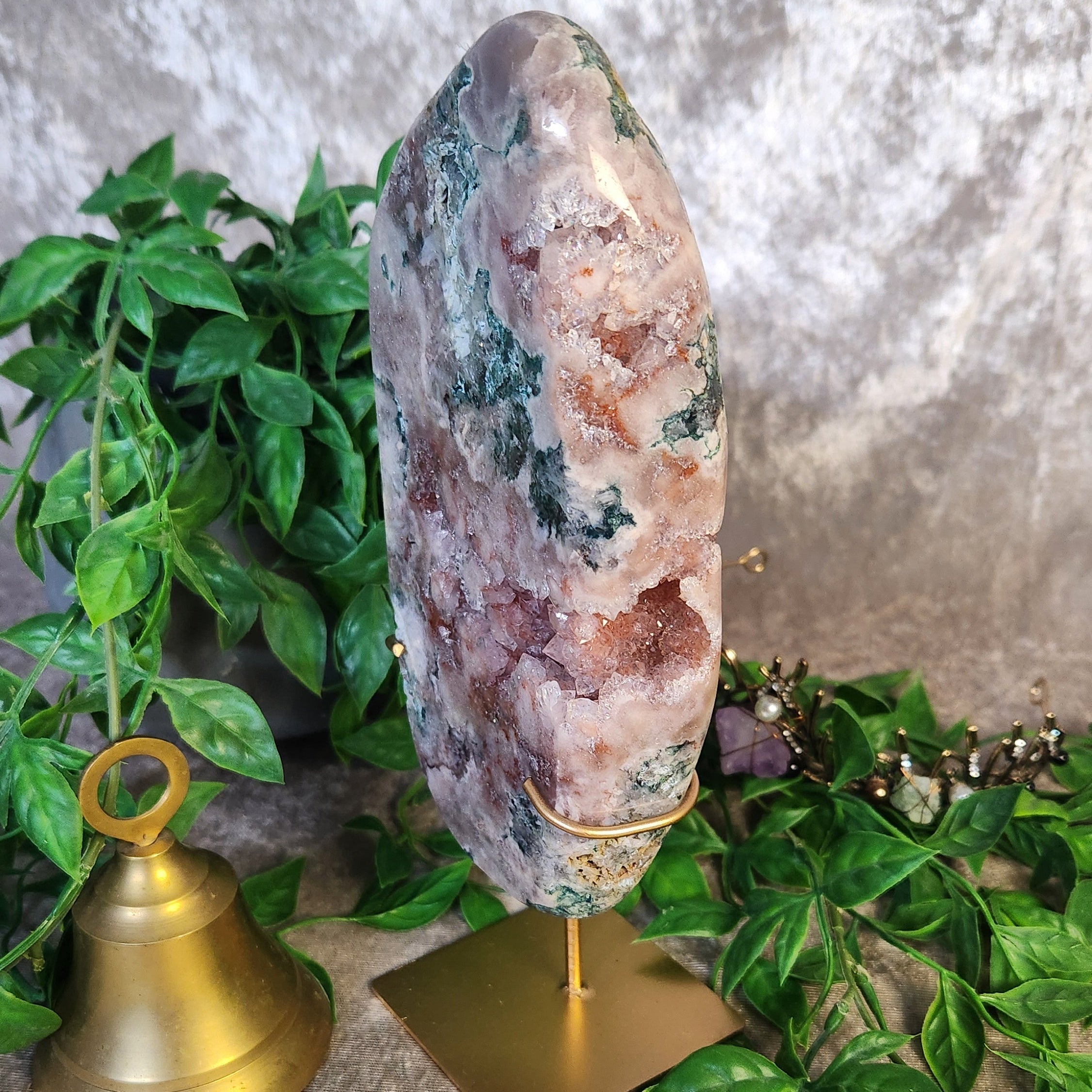 Polished Pink Amethyst freeform featuring natural quartz druzy pockets