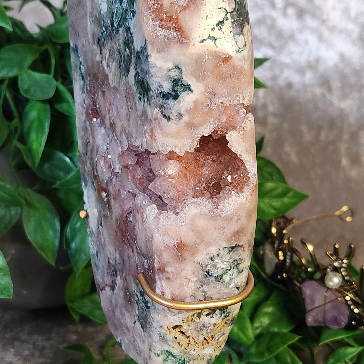 Large Pink Amethyst crystal display piece with moss chlorite details