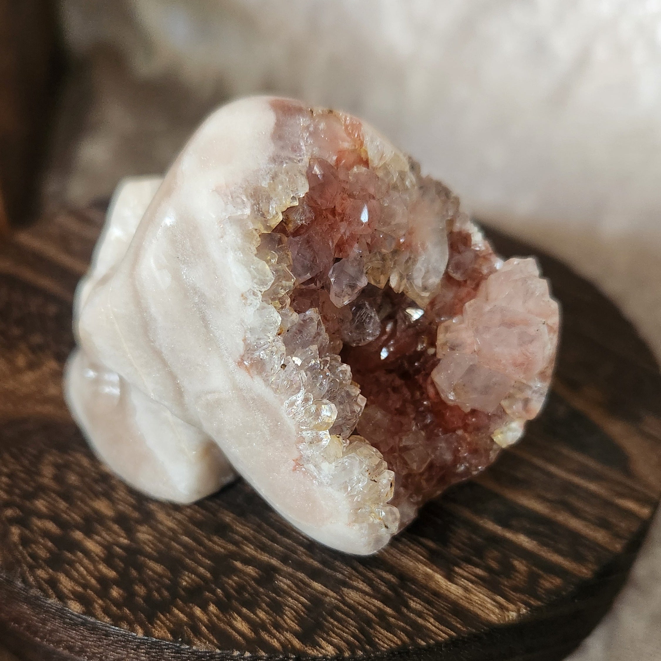 Natural Brazilian pink amethyst skull with sparkling interior