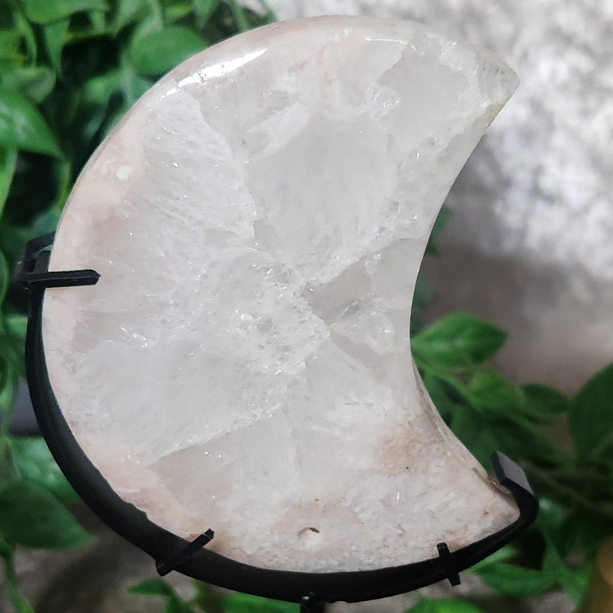 Celestial Clear Quartz moon crystal with internal veils and inclusions