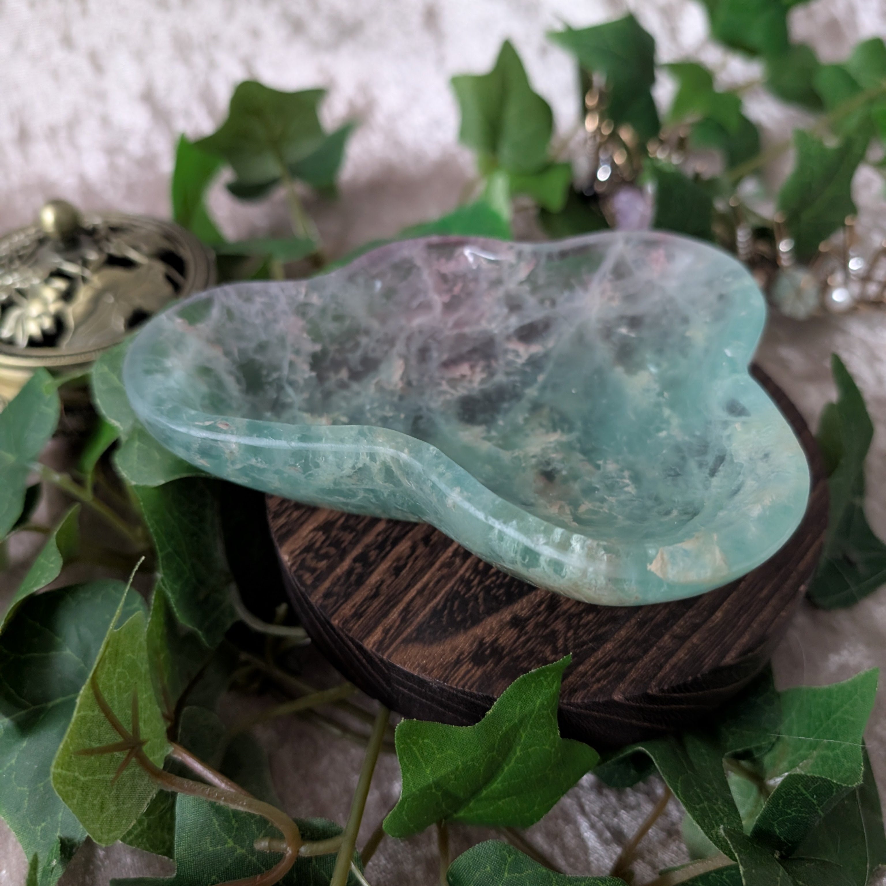 Fluorite trinket bowl for home decor set on vintage style wooden stand
